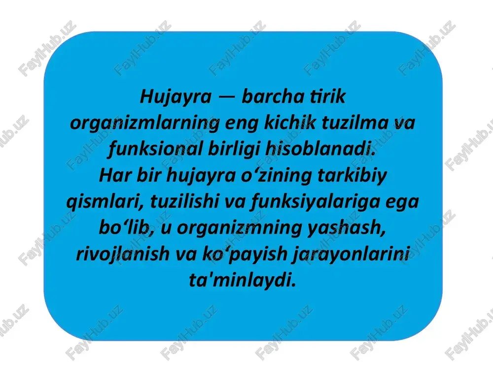 omadagi o‘zgarishlar yangi belgilar paydo bo‘lishiga olib keladi. odam xromosomalari: insonda diploid to‘plam – 46 ta xromosoma (23 juft). shundan 22 juft — autosomalar, 1 juft — jinsiy xromosomalar (xx yoki xy). xulosa hujayra tirik organizmlarning eng kichik qismi bo‘lib, u murakkab tuzilishga ega. hujayra nazariyasi tirik tabiatni tushunishga asos bo‘ladi. xromosomalar esa irsiy axborotni saqlaydi va nasldan naslga o‘tkazadi. odam va hayvon xromosomalari o‘xshash bo‘lsa-da, ayrim farqlari mavjud. bu tushunchalar biologiya va tibbiyotda muhim ahamiyatga ega. foydalanilgan adabiyotlar 1. karimov u.a., mavlonova m.m. "umumiy biologiya", o‘zbekiston milliy ensiklopediyasi nashriyoti, toshkent, 2020. 2. islomov i.a., qodirova m.m. "sitologiya va genetika", o‘zbekiston fanlar akademiyasi, 2018. image1.jpeg image2.jpeg image3.jpeg image4.jpeg image5.jpeg bo £ s o 5 bb zb gz z po fo [rmeray ue av ==8 83s $s 2es o8s ui channel protein cholesterol £ bs e 32 2 es 5 7 2 s fo eo gc ee £ 2s 3 a> …