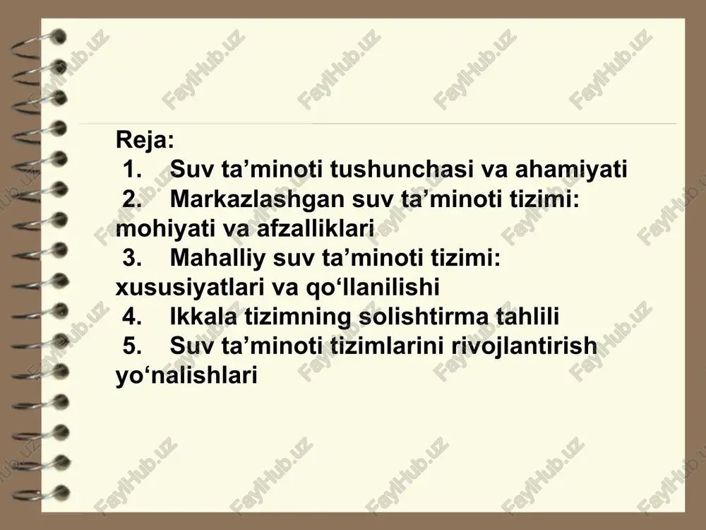 icha baholanadi: a) anorganik komponentlar (15 ta): • nitratlar, nitritlar, ammoniy, sulfatlar • temir, marganes, mis, rux, xloridlar • mishyak, kadmiy, simob, qo‘rg‘oshin va boshqalar b) organik modda komponentlari (4 ta nom): • fenollar • benzol • pestitsidlar qoldiqlari • xlororganik birikmalar birikmalar 4. organoleptik ko‘rsatkichlar (17 ta): bu ko‘rsatkichlar suvning tashqi ko‘rinishi, hid va ta’m sifatiga taalluqlidir. ular suvning iste’molga qulayligini belgilaydi. • rangi • hidi • ta’mi • loyqaligi • ph darajasi • umumiy qattiqligi • elektr o‘tkazuvchanligi • tuzlanish darajasi (qoldiq qattiqlik) va boshqa ko‘rsatkichlar bu komponentlar rek (ruxsat etilgan konsentratsiya) asosida belgilanadi, ya’ni ularning ma’lum miqdordan oshmasligi kerak 5. radiatsion xavfsizlik (radioaktiv ko‘rsatkichlar): ichimlik suvi alfa va beta faolligi bo‘yicha tekshiriladi: • umumiy alfa-aktivlik — 0,1 bq/l gacha • umumiy beta-aktivlik — 1,0 bq/l gacha agar suvda bu ko‘rsatkichlar ortsa, u holda chuqur tahlil va tozalash choralari ko‘riladi. o‘z dst 951-2011 standartiga ko‘ra, 1-sinfga kiruvchi chuqur …