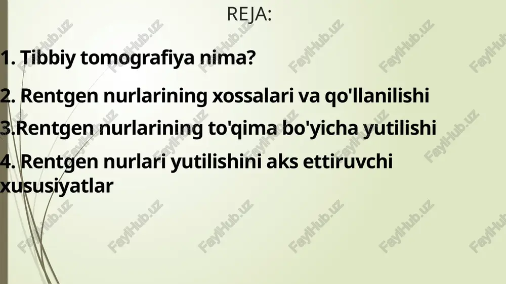 ning zichligi va tuzilishi belgilaydi. aks etish va so'nish: rentgen nurlari har xil materiallarga to'qnashganda bir qismini so'nadi (yoki energiyasi so'nadi), bir qismini esa aks ettiradi. so'nishning darajasi materialning tuzilishi va zichligiga bog'liq. xarakteristikalariga ko'ra tasvir olish: rentgen nurlari fotosensitiv materiallarda tasvirlar yaratadi. shuningdek, rentgen nurlari odatda yuqori sezgirlikdagi fotosensitiv platalar yoki kompyuter tizimlari yordamida tasvirlar olinadi. rentgen nurlarining to'qima bo'yicha yutilishi suyaklar suyaklar rentgen nurlarini ko'proq yutadi, chunki ular zichroq. mushaklar mushaklar suyaklarga qaraganda kamroq rentgen nurlarini yutadi, chunki ular kamroq zichroq. suv suv rentgen nurlarini kamroq yutadi, chunki u havo va suyaklarga qaraganda kamroq zichroq. 8 rentgen nurlari yutilishini aks ettiruvchi xususiyatlar zichlik har bir to'qima turli darajada rentgen nurlarini yutadi, ularning zichligiga bog'liq. kompozitsiya to'qimalarning kimyoviy tarkibi ham rentgen nurlarining yutilish darajasini belgilaydi. qalinligi qalinroq to'qimalar rentgen nurlarini ko'proq yutadi, chunki ular nurlar yo'lidagi to'siq bo'lib xizmat qiladi. 9 kompyuterli tomografiya usulining asosiy tamoyillari 1 rentgen nurlari …