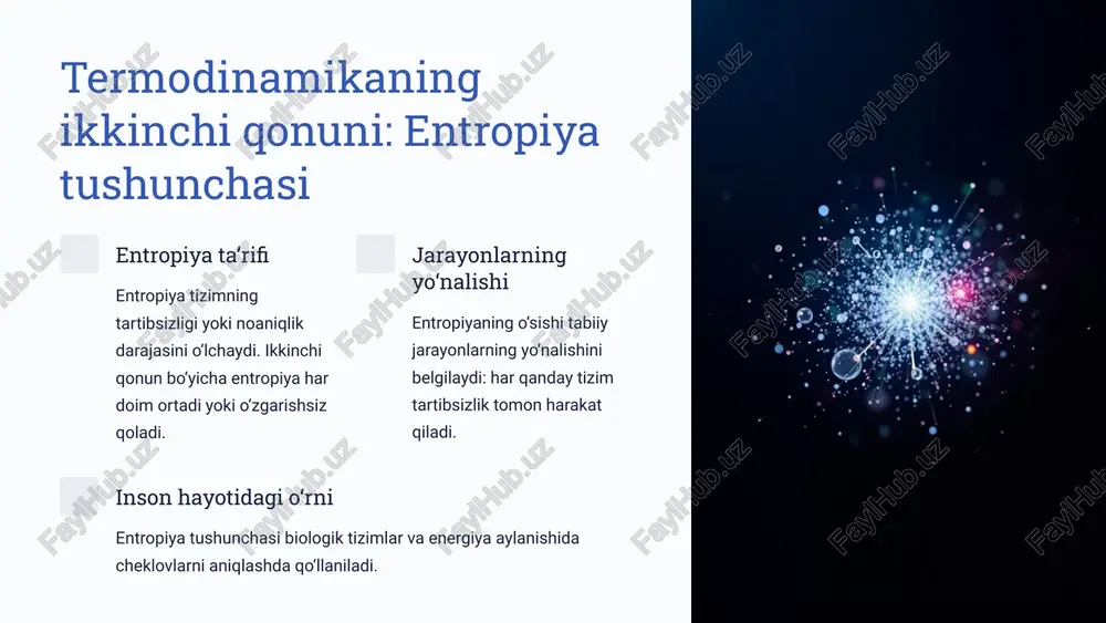 rt mashg‘ulotlari sportchilar ish samaradorligini oshirish uchun ergometriya yordamida energiya sarfini kuzatadilar va mashqlarni optimallashtiradilar. 2 tibbiy diagnostika koronar kasalliklar, o‘pka funksiyasi va boshqa holatlarda ergometriya organizmning holatini baholashga yordam beradi. 3 reabilitatsiya jismoniy mashqlar samaradorligini monitoring qilish va individual reabilitatsiya dasturlarini tuzishda ergometriya muhim vositadir. 9 xulosa: termodinamikaning 2-qonuni va ergometriyaning ahamiyati energiya tartiboti ikkinchi qonun entropiya va sistemaning samaradorligini belgilab, energiya oqimini tahlil qilishda asosiy tushunchani yaratadi. ergometriya roli ergometriya jarayonlarda bajarilgan ish va energiya sarfini aniq o‘lchash orqali ilmiy va amaliy tadqiqotlarni qo‘llab-quvvatlaydi. kelajakda qo‘llanish sport, tibbiyot va sanoat sohalarida energiya samaradorligini oshirishda ergometriya va termodinamika qonunlari muhim ahamiyatga ega bo‘lib qoladi. 10 image1.png image2.png image3.png image4.png image5.png image6.png image7.png image8.png image9.png image10.png image11.png image12.png image13.png image14.png made with gamma