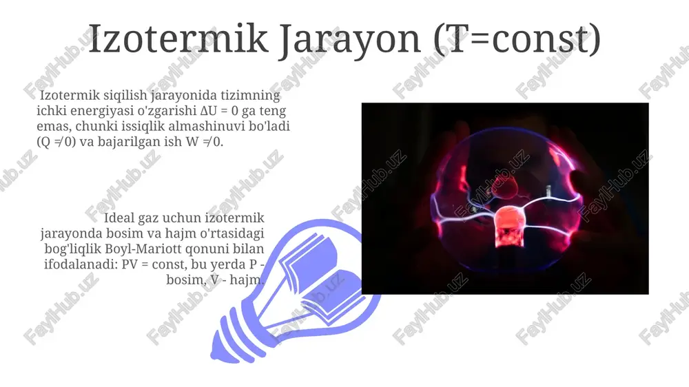 adi. bu yerda p bosim, δv esa hajm o'zgarishini ifodalaydi. doimiy bosimda bajarilgan ish hisobga olinadi. izoxor jarayonda (v=const) δu = q bo'ladi, chunki hajmi o'zgarmas bo'lgan tizimda tashqi kuchlar ish bajarmaydi (w=0). bu jarayonda berilgan issiqlik butunlay ichki energiyani o'zgartirishga sarflanadi. izobarik jarayon (p=const) agar izobarik jarayonda 1 mol ideal gaz 10°c dan 20°c gacha qizdirilsa, uning ichki energiyasi 3/2 nrδt ga teng miqdorda o'zgaradi, bu yerda r universal gaz doimiysi. izobarik jarayonda issiqlik miqdori δq = δu + pδv formulasi bilan hisoblanadi, bu yerda δu ichki energiya o'zgarishi, p – bosim va δv – hajm o'zgarishidir ichki energiyaning turlari ichki energiyaning kinetik komponenti, molekulalarning tartibsiz harakatlanishi bilan bog'liq bo'lib, 3 daraja erkinlikka ega bo'lgan monatomik gaz uchun 3/2 nrt ga teng. ichki energiyaning umumiy qiymati, haroratga, moddaning miqdoriga va uning holatiga (gaz, suyuqlik yoki qattiq jism) bog'liq bo'lib, bir necha yuz kilodjullardan tortib millionlab kilodjullargacha o'zgarishi mumkin. e'tiboringiz …