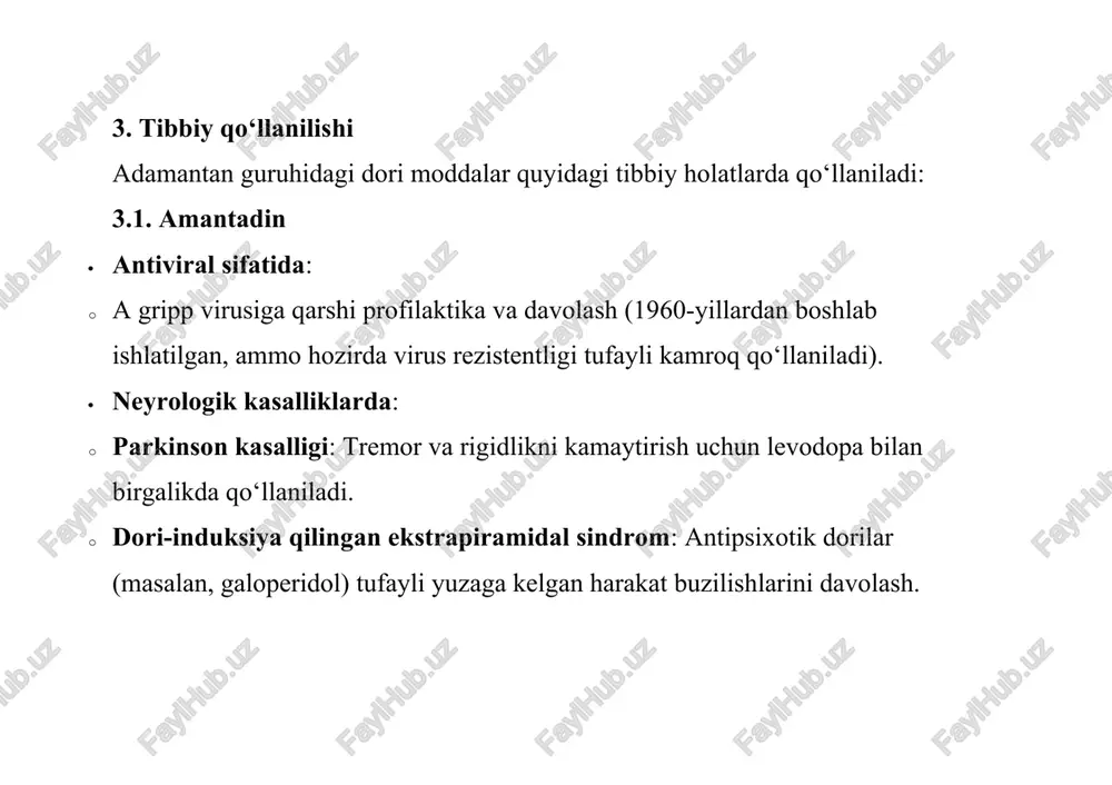 aralashmasi. · misol: amantadin gidroxlorid tabletkalaridagi faol modda miqdorini aniqlash. · titrimetriya: · amantadin gidroxloridning erkin amin shaklini kislota-ishqor titrlash orqali aniqlash. · gaz xromatografiyasi (gc): · uchukchan hosilalarni aniqlash uchun ishlatiladi, lekin hplc-ga nisbatan kamroq qo‘llaniladi. 4.4. fizik-kimyoviy xususiyatlar · eruvchanlik testlari: · amantadin gidroxlorid suvda yaxshi eruvchan, remantadin esa lipofil xususiyatlarga ega. ph. eur. talablariga muvofiqligi tekshiriladi. · ph o‘lchash: · amantadin eritmasining ph 3.0–5.0 oralig‘ida bo‘lishi kerak. · eriydigan moddalar: · tabletkalarda erimaydigan moddalar miqdori usp bo‘yicha < 1% bo‘lishi lozim. 4.5. barqarorlik tahlili · hplc va lc-ms: · saqlash sharoitlarida (namlik, harorat, yorug‘lik) degradatsiya mahsulotlarini aniqlash. · misol: amantadinning oksidlanish mahsulotlari lc-ms bilan aniqlanadi. · termik tahlil: · differensial skanlovchi kalorimetriya (dsc) yordamida moddaning erish nuqtasi va termik barqarorligi tekshiriladi. 5. tibbiy ahamiyati va cheklovlari · tibbiy ahamiyati: · antiviral ta’sir: amantadin va remantadin a gripp virusiga qarshi samarali bo‘lgan, ammo hozirgi kunda virus rezistentligi tufayli …