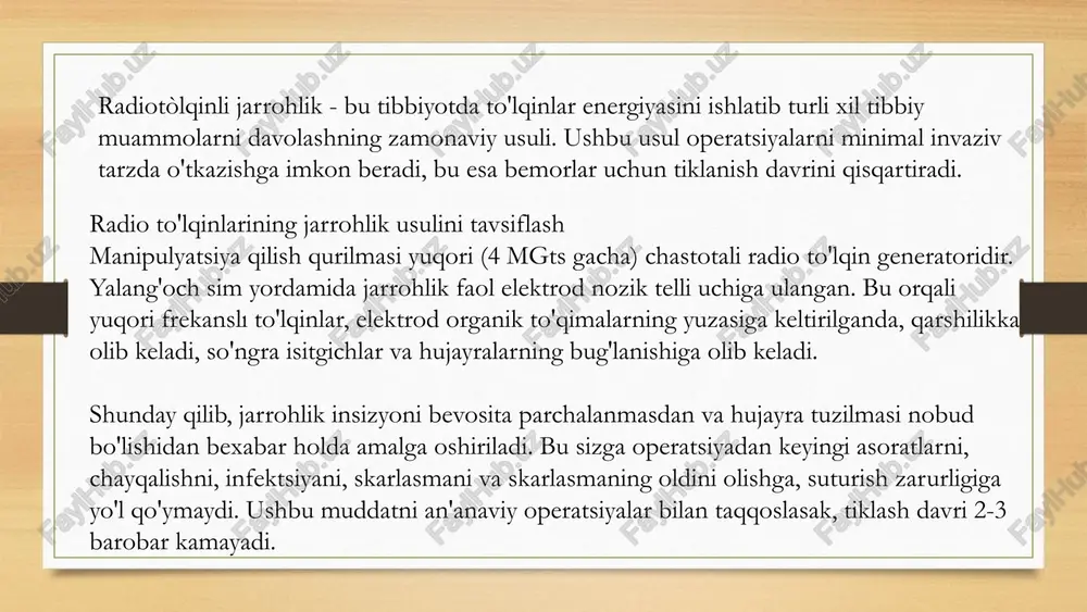 yotni o'tkazish joyini, uskunalarni va jarayonni aniqlash. 3 amaliyotni o'tkazish amaliyotni malakali shifokorlar tomonidan to'g'ri va xavfsiz tarzda amalga oshirish. 4 tiklanish bemorni amaliyotdan keyin kuzatib borish va tiklanish davrini nazorat qilish. 10 radiotòlqinli jarrohlikda sog'liqni saqlash muammolari infektsiya xavfi amaliyotdan keyin to'qimalarni yuqtirish xavfi mavjud. kuyish radiotòlqinlar to'qimalarni juda qizdirib, kuyishga olib kelishi mumkin. og'riq amaliyotdan keyin og'riq sezish mumkin. 11 radiotòlqinli jarrohlikni kelgusida rivojlantirish uchun tavsiyalar 1 texnologiya radiotòlqinli jarrohlik uskunalari va texnologiyalarini yaxshilash. 2 tadqiqotlar ushbu usulning samaradorligini va xavfsizligini oshirish bo'yicha tadqiqotlar o'tkazish. 3 ta'lim shifokorlar va tibbiyot xodimlarini radiotòlqinli jarrohlik usuli bo'yicha o'qitish. 12 xulosa va yakuniy fikrlar radiotòlqinli jarrohlik - bu bemorlarning sog'lig'ini yaxshilashga qaratilgan zamonaviy tibbiy texnologiya. uning afzalliklari ko'p, ammo ba'zi kamchiliklari ham mavjud. ushbu usulning kelgusida rivojlanishi uning samaradorligini va xavfsizligini yanada oshiradi va bemorlar uchun ko'proq foyda keltiradi. 13 foydalanilgan adabiyotlar "biofizika" – muallif: x. x. norkulov, t. m. bo‘riboyev …