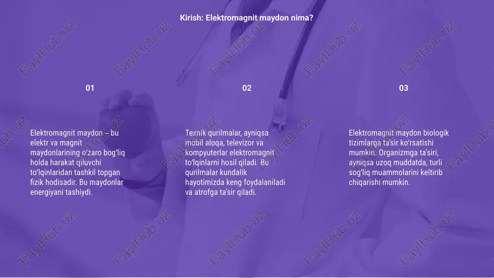 'lish zarur. mobil telefonlar, wi-fi va boshqa qurilmalar elektromagnit to'lqinlar chiqaradi. to'g'ri foydalanishda bu maydonlarning salbiy ta'siri kamaytirilishi mumkin bo'ladi. shaxsiy himoya choralari, qurilmalardan uzoq turish hamda sog'lom turmush tarziga rioya qilish elektromagnit maydonlardan himoyalanishga yordam beradi, muhim hisoblanadi. xulosa va tavsiyalar e’tiboringiz uchun rahmat image1.png image2.png image3.png image4.gif image5.png image6.png image7.png