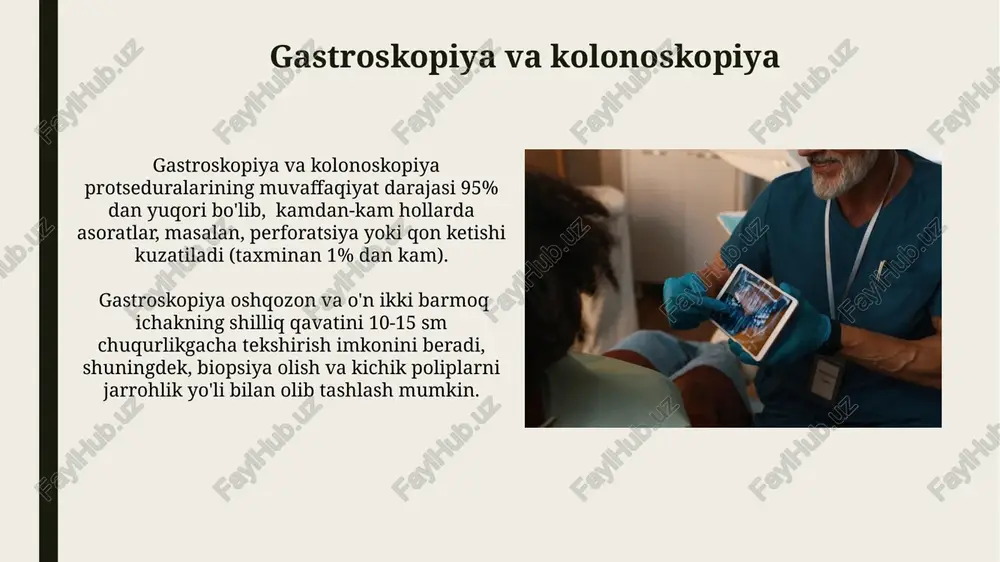 h) mavjud bo‘lgan 30 dan ortiq turdagi endoskopik asbob-uskunalar mavjud. endoskopik uskunalar turli diametrilarda, 2 mm dan 12 mm gacha bo‘lgan ingichka va moslashuvchan naychalardan tortib, qalinroq va qattiq, yuqori aniqlikdagi tasvirlarni uzatuvchi modellargacha farqlanadi. laparoskopiya va torakoskopiya laparoskopiya minimal invaziv jarrohlik usuli boʻlib, qorin boʻshligʻiga 0,5-1,5 sm li kichik teshiklar orqali 3-4 ta maxsus asbob va video kamera kiritish orqali amalga oshiriladi. torakoskopiya esa koʻkrak boʻshligʻini tekshirish va davolash uchun qoʻllaniladigan endoskopik jarrohlik usuli boʻlib, 5-10 mm li kichik kesmalar orqali amalga oshiriladi va 30-60 daqiqa davom etadi. endoskopik usullarni qo'llash bo'yicha zamonaviy yutuqlar yuqori aniqlikdagi endoskopik ultratovush (eus) texnologiyasi oʻsma hajmini 1 mm gacha aniqlikda aniqlash va biopsiya olish imkonini beradi, bu esa davolash samaradorligini oshiradi. kapsül endoskopiya texnologiyasi tufayli ingichka ichakni vizual tekshirish imkoniyati yaxshilandi, 5 mm dan kam diametrli naychalar yordamida 90% hollarda diagnostika aniqligi ta'minlanadi. endoskopik usullarning turli kasalliklarni tashxislashdagi ahamiyati kolonoskopiya kabi endoskopik usullar, …