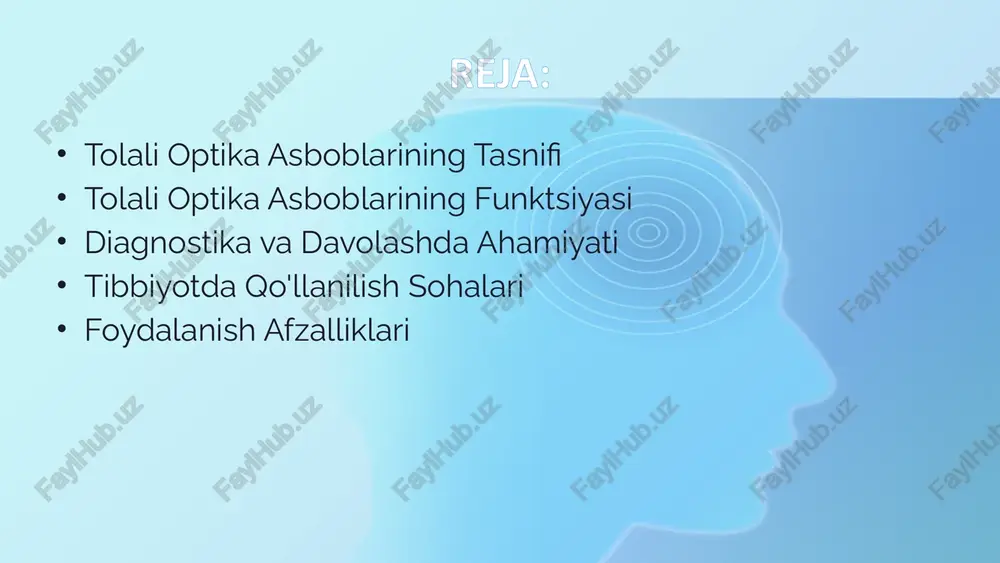 b, ularni aniq ko'rishga yordam beradi. diagnostika va davolashda ahamiyati 1 erta diagnostika tolali optika asboblari kasalliklarni erta bosqichda aniqlashga imkon beradi, bu esa samaraliroq davolashga yordam beradi. 2 minimal invaziv jarrohlik jarrohlik tolali optika asboblari tananing ichki qismlariga kirish va operatsiyalarni bajarish uchun kichik teshiklar orqali ishlatiladi. 3 tez tiklanish minimal invaziv jarrohlik usullari tezroq tiklanish davriga va kamroq og'riqlarga olib keladi. 8 tolali optika asboblarining diagnostika va davolashda ahamiyati juda katta. ular tibbiyotda aniq tashxis qo‘yish va samarali davolashni ta’minlash uchun qo‘llaniladi. optik tolalar yordamida amalga oshiriladigan turli tibbiy protseduralar va texnologiyalar tibbiyot sohasining rivojlanishiga katta hissa qo‘shmoqda. quyida tolali optika asboblarining diagnostika va davolashdagi asosiy ahamiyatlarini ko‘rib chiqamiz. endoskopiya va laparoskopiya endoskopiya va laparoskopiya — bu ichki organlarni tekshirish va davolashda ishlatiladigan jarrohlik usullari bo‘lib, tolali optika asboblaridan keng foydalaniladi. endoskopiya orqali shifokorlar ichki organlarni ko‘rish uchun optik tolalar orqali yoritilgan tasvirlar oladilar. bu texnologiya yordamida: ichki …
