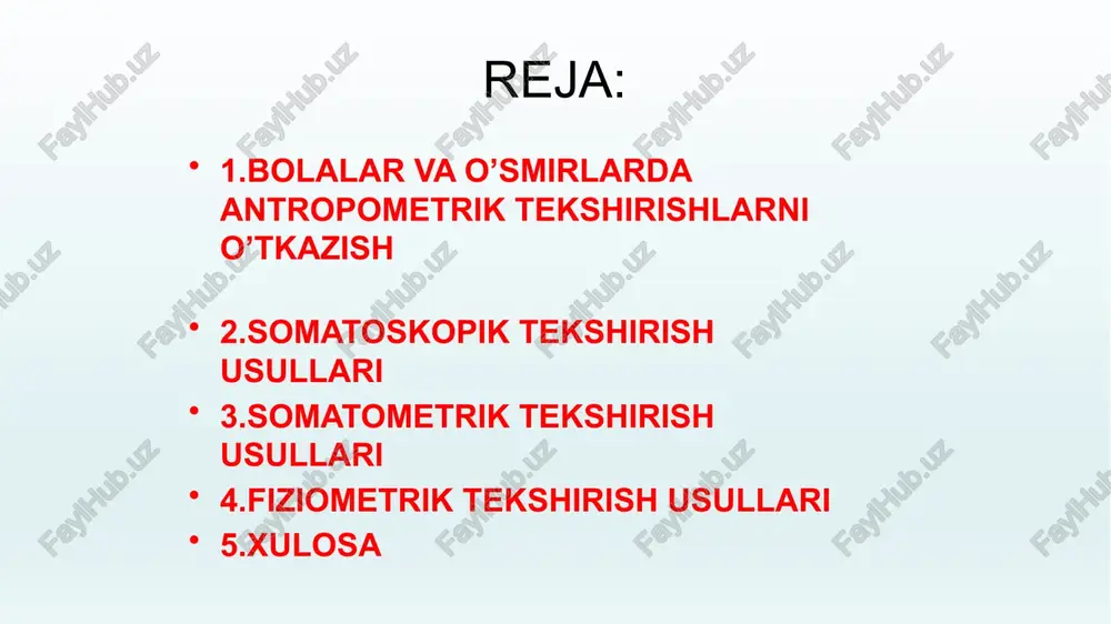 orlikni kuchaytirish. rivojlanishdan og‘ish holatlarida erta davolash va maslahat markazlariga yo‘naltirish. xulosa: bolalar va o’smirlarda antrapometrik tekshirishlarni o’tkazishdan maqsad ularning sog’lom rivojlanishini ta’minlash va ularda kelib chiqishi mumkin bo’lgan turli xil kasalliklarni oldini olish. foydalanilgan adabiyotlar: 1.b.a.duschanov, sh.t.iskandarova “umumiy gigiyena” 2008- yil 2.g.i.shayxova. “bolalar va o’smirlar gigiyenasi” 3.www. wikipedia.uz 4.www.ziyo.net mushaklarning rivojlanganligi mushak to‘qimalari va ularning tarangligi bilan baholash mushaklarning rivojlanganligi dinamometriya usuli bilan baholanib, ularga umumiy baho ballar bo'yicha (1,2,3) beriladi. teri osti yog’ qatlamini nafaqat ushlab ko'rib, uni sirg’aluvchi sirkul yordamida o'lchab ko'rish mumkin. qo'lning mushak kuchini aniqlash qo'lning mushak kuchi mushaklar rivojlanish darajasini belgilaydi va qo'l dinamometri yordamida o'lchanadi. bunda tekshiriluvchi tik turib qo'lini yon tomonga keng yoyadi va kaftlarida dinamometrni bor kuchi bilan (max) siqadi. tekshiriluv 2-3 marta o'tkaziladi va eng katta ko'rsatkich kilogrammlarda yozib olinadi. 3.somatoskopik ko’rsatkichlar somatoskopiya tadqiqotlari kunduzgi yorug’lik paytida, xona harorati kamida 18-20 darajada issiq bo'lganda o'tkaziladi. somatoskopiya jarayonida gavda, ko'krak qafasining, …