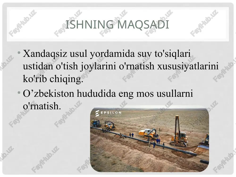 teshish mashinalari gpu-600 o'rnatish orqali teshilish 1 - teshilgan quvur; 2 - hidoyat ramkasi; 3 - gidravlik krikolar ; 4 - to'xtash devori; 5 - nasos stantsiyasi; 6 - ishlaydigan va ochiladigan chuqurlar; 7 - toymasin to'xtash joyi; 8 - trolleybusdagi bosim plitasi; 9 - ushlagich. uvvgp-400 o'rnatish bilan tebranish ponksiyonu 1 - uchi; 2 - hidoyat ramkasi; 3 - qoziq; 4 - vinç; 5 - yara; 6 - bar; 7 - zarba qo'shimchasi; 8 - hidoyat tayoqlari; 9 - tebranish mexanizmi; 10 - elektr motor. bosish usuli quvurdan tuproq tiqin yoki yadroni olish bilan surish usuli deyarli har qanday i-iv guruh tuproqlarida qo'llanilishi mumkin; diametri 800-1720 mm va yotqizish uzunligi 100 m gacha bo'lgan quvurlar uchun javob beradi. quvurlar yoki kollektor elementlari va tunnellari orqali surish uchun surish nasosli raz'em birliklari ishlatiladi. jihozdagi jaklarning soni quvur liniyasi orqali surish uchun zarur bo'lgan itarish kuchiga bog'liq. ular tuproqni mexanizatsiyalashgan holda …