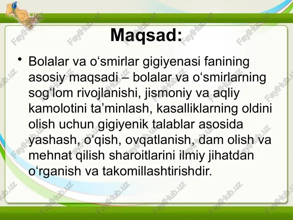 ing erishilgan darajasi. asosiy biologik tamoyil shundan iboratki, davrlashtirish o'sayotgan organizmning funktsional etuklik darajasiga va fiziologik reaktsiyalar turiga qarab amalga oshiriladi. biologik yosh suyaklarning ossifikatsiyasi , neyropsik rivojlanishi, "tish yoshi" va ikkilamchi jinsiy xususiyatlarning rivojlanish darajasi mezonlar biologik yoshi maktabgacha yoshi maktabgacha tarbiya yoshi maktab yoshi dvigatel reaktsiya sensorli rivojlanish muddatlari tish chiqarish sut mahsulotlari tishlar miqdori sut mahsulotlari tishlar miqdori sut mahsulotlari tishlar muddatlari almashinuvdan​ sut mahsulotlari tishlar uzunlik jismlar , yillik uni kattalashtirish; ko'paytirish miqdori doimiy tishlar muddatlari almashinuvdan​ sut mahsulotlari tishlar miqdori doimiy tishlar daraja rivojlanish ikkinchi darajali jinsiy belgilarda​ uzunlik jismlar yillik oshirish uzunligi jismlar daraja ossifikatsiya baho biologik yoshi bolalar va o'smirlar salomatlik - bu nafaqat kasallik yoki jismoniy nuqsonlarning yo'qligi emas, balki to'liq jismoniy, ruhiy va ijtimoiy farovonlik holatidir (jsst, "sog'liqni saqlash bo'yicha ukraina mezonlar ijtimoiy farovonlik (voz ): - yalpi milliy mahsulot ulushi sog'liqni saqlash ehtiyojlariga sarflanadi; - birlamchi tibbiy-sanitariya yordamining mavjudligi; - …
