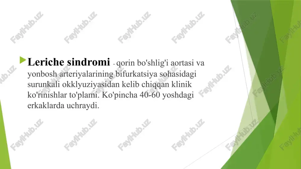a bifurkatsiyasi va umumiy yonbosh arteriyalarining aterosklerotik shikastlanishi natijasida kelib chiqqan leriche sindromi bilan og'rigan bemorning aortogrammasi : o'ng umumiy yonbosh arteriyasining tiqilishi , chap tashqi yonbosh arteriyasining stenoz joylari strelkalar bilan ko'rsatilgan. diagnostika tashxis ko'p hollarda quyidagilar asosida belgilanadi : tekshirish pastki ekstremitalarning teri rangining o'zgarishi, mushaklarning zaiflashishi, teri haroratining pasayishi. ishemiyaning iv darajasida barmoqlar va oyoqlar sohasida yaralar va nekroz o'choqlari paydo bo'ladi . palpatsiya femoral arteriyaning pulsatsiyasi yo'q. qorin aortasining tiqilib qolishi holatlarida uning kindik darajasida pulsatsiyasi aniqlanmaydi. auskultatsiyalar inguinal burmada son arteriyasi ustida, yonbosh arteriyasi bo'ylab bir yoki ikki tomondan va aortaning qorin qismi ustida sistolik shovqin eshitiladi. oyoq-qo'llarining arteriyalarida pulsatsiyaning yo'qligi va tomirlar ustidagi sistolik shovqin leriche sindromining asosiy belgilaridir. pastki ekstremitalarda qon bosimi auskultatsiya bilan aniqlanmaydi . instrumental tadqiqot ultratovushli oqimmetriya , reovazografiya , pletismografiya va sfigmografiya pastki ekstremitalarning arteriyalarida asosiy qon oqimining pasayishi va kechikishini qon oqimini klirens orqali aniqlash 133 xe e …