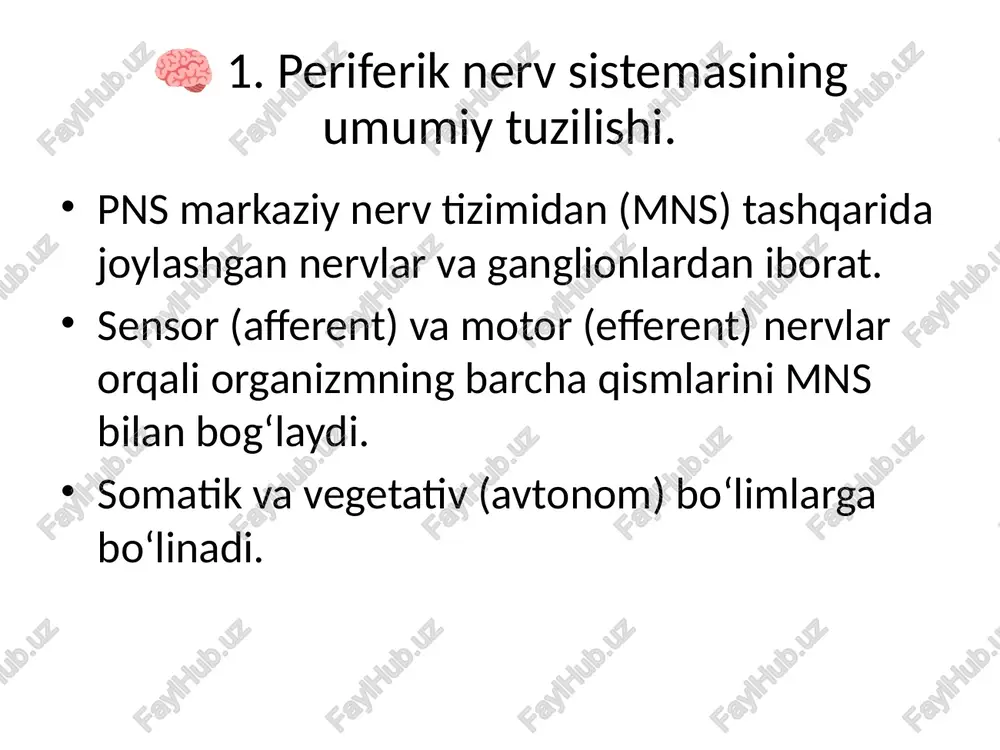 brachialis). qisqa shoxlar chigalning o’mrov usti qismidan chiqib, ularga yelka kamari va ko’krak qafasi yuza mushaklarini innervatsiya qiluvchi quyidagi nervlar kiradi: ko’krak orqasi nervi (n.dorsalis scapulare) c 5 dan; ko’krakning uzun nervi (n.thoracicus longus) c 5-6 dan; o’mrov osti nervi (n.subclavisus) c 5 dan; kurak usti nervi (n.suprascapularis) c 5-7 dan; kurak osti nervi (n.subclavisus) c 5-7, ko’krakning orqa nervi (n.thoracodorsalis) ...... 3. bel chigali (plexus lumbalis). 4. dumg’aza chigali (plexus sacralis). 5. dum chigali (plexus coccygeus). dum chigali (plexus coccygeus) s 4-5 va dum nervlarining oldingi shoxlarining qo’shilishidan hosil bo’ladi. uning shoxlari dum usti va orqa chiqaruv teshigi soxasi terisini innervatsiya qiladi. 👶 3. bolaning yoshiga xos anatomik-fiziologik xususiyatlari. yangi tug‘ilgan chaqaloqlarda nerv hujayralari to‘liq differensiyalashmagan bo’ladi. miyelinizatsiya jarayoni tug‘ilgandan keyin davom etadi, ayniqsa piramidal yo‘llarda. bosh miya va periferik nervlar kapillyarlarga boy bo‘lib, kislorodga ehtiyoj yuqori. bolalar nerv tizimi rivojlanish bosqichlari miyelinizatsiya jarayoni diagrammasi 42 🩸 4. pns …