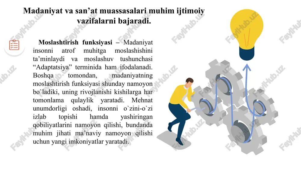 omli nomerlar bilan chiqish qiladi. bosh direktor; tadbirlar bo`yicha bosh mutaxassis; xodimlar bo`limi boshlig`i; bosh hisobchi; badiiy rahbar; ijodiy guruh; hududiy bo’linmalar tarkibiy tuzilmasi 1 2 3 4 asosiy funksiyasi birlashma tarkibidagi badiiy jamoalarning tashkiliy, moliyaviy, moddiy-texnik masalalarini hal qilish, ularni musiqa asboblari, raqs liboslari, zamonaviy texnika va zarur anjomlar bilan ta’minlash; respublikada mumtoz musiqa, milliy raqs va estrada, an’anaviy ijrochilik san’atlarini rivojlantirish, taniqli san’at namoyandalarini, ijodiy badiiy jamoalar va alohida ijrochilarning ijodiy imkoniyatlarini kengaytirish; mamlakatimizning barcha hududlaridagi musiqa, raqs, an’anaviy ijrochilik yo‘nalishlarini asrash, avaylash, shu asosda badiiy jamoalar faoliyati samaradorligini oshirish, mustaqillik ma’naviyatini va istiqlol g‘oyalarini tarannum etuvchi, xalqimizga estetik, zavq bag‘ishlovchi zamonaviy o‘zbek an’anaviy ijrochilik maktabini yanada rivojlantirish; musiqa, raqs, an’anaviy ijrochilik san’atini o‘zbekiston xalqi, chet davlatlarda keng targ‘ib qilish, badiiy jamoalarning keng ko‘lamli dasturlarga asoslangan samarali gastrol-konsert faoliyatini uyushtirish, reklama-tijorat ishlarini yo‘lga qo‘yish; 5 6 7 8 asosiy funksiyasi musiqa, raqs, an’anaviy ijrochilik san’ati sohasida gastrol-konsert faoliyatini …