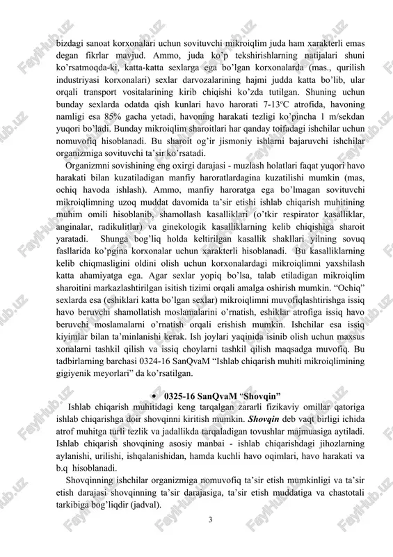 a faqat havo harakati tezligini oshiradi xolos, ammo havo haroratini pasaytirmaydi, chunki havo haroratining o’zi ham 45-46 darajada bo’ladi. bunday sharoitda havoni sun’iy tarzda shamollatish talab etilib, berilayotgan havoni salqinlashtirish maqsadga muvofiq (konditsionerlash). biroq katta-katta eshiklari bor bo’lgan sexlardagi havoni konditsionerlar yordamida muvofiqlashtirishning deyarli imkoniyati yo’q, shuning uchun bunday sharoitda mikroiqlim parametrlari juda yuqori bo’lgan ish joylari havosini havo dushlari yordamida salqinlashtirish mumkin bo’ladi. issiq sexlardagi ishchilarda tuz-suv almashinuvining buzilishini oldini olish uchun ularni tuz qo’shilgan ichimlik suvi bilan yetarli darajada ta’minlash zarur. bu yo’nalishdagi eng yaxshi yo’l ana shunday issiq sexlarga gazlashtirilgan suvlarni beruvchi saturatorlarni o’rnatish hisoblanadi. ishchilar organizmning tashqi muhit bilan issiqlik almashinuviga ta’sir ko’rsatmaydigan maxsus kiyimlar bilan ta’minlanishi kerak. issiq mikroiqlim sharoitida organizmdagi oqsil va vitaminlarning parchalanishini tezlashishini inobatga olib, ishchilarning ovqatlanishini to’la qiymatli bo’lishiga e’tibor qaratish va ularga polivitaminlar (draje ko’rinishidagi) berish tavsiya qilinadi. ko’rish organiga infraqizil nurlanishlarning zararli ta’sirini oldini olish uchun ishchilarning hammasi himoya …