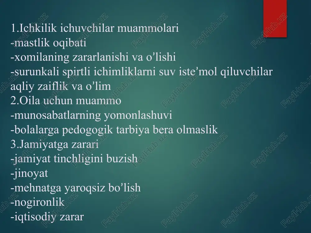 buzilishlar bilan tugaydi. shaxs darajasining susayishi yanada chuqurlashadi, hatto organik esi pastlikkacha etadi.somatik buzilishlar juda ham turli-tuman bo’lib, surunkali gastritlar, me’da yarasi kasalliklari, pankreatitlar, jigar tsirrozlari, miokardiodistrofiyalar, nafas yo’llari kasalliklari va boshqalar uchraydi. tretya stadiya psixicheskaya degradatsiya tretya stadiya sotsialnaya degradatsiya final smert... image2.jpeg image3.png image4.png image5.png image6.png image7.png image8.png image9.png image10.png image11.png image12.png ie. tbf ss