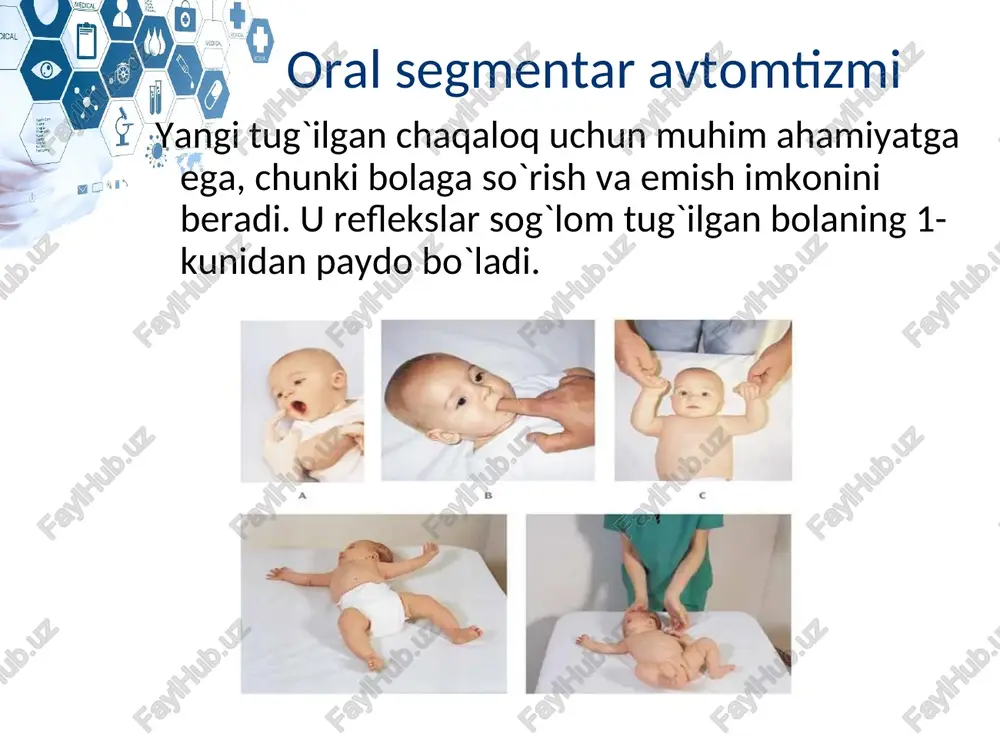 bu refleks bola tug‘ilishi bilan hosil bo‘ladi. agar bolada miya jarohatlansa yoki akusherlik falaji bo‘lsa, u holda refleks chaqirilmaydi. sog‘lom bolada mazkur refleks 4-5 oygacha bo‘lib, keyin so‘na boshlaydi. segment usti pozotonik avtomotizmi ularga bo‘yinning assimetrik, va simmetrik tonik refleksi, tonik labirint reflekslari kiradi. bo‘yinning tonik assimetrik refleksi chalqancha yotgan chaqaloqni boshini burib pastki jag‘ini yelkasi ro‘parasiga to‘g‘rilanadi, shunda burilgan tomonidagi oyoq-qo‘llari yoziladi, qarama-qarshi tomonida esa bukiladi bo‘yinning tonik simmetrik refleksi chaqaloq boshini bukilsa qo‘lidagi bukuvchi mushaklar tonusi oshadi, oyoqda esa yozuvchi mushaklar tonusi oshib ketadi tonik labirint refleksi chaqaloq chalqancha yotganda yozuvchi mushaklarining tonusi oshadi, qorinda yotgan bo‘lsa – bukuvchilarining tonusi oshadi. bu refleks yangi tug‘ilgan chaqaloqlarda doimiy uchraydi, lekin boshqa reflekslardek juda aniq bo‘lmasligi mumkin va 2 oygacha saqlanib qoladi. agar chaqaloq chala tug‘ilgan bo‘lsa, mazkur reflekslar 3-4 oygacha saqlanadi. mezensefal reflekslar 1. bo‘yinni to‘g‘rilovchi reaksiya – tekshiruvchi chaqaloqni boshini bir tomonga burganda uning tanasi ham o‘sha tomonga …