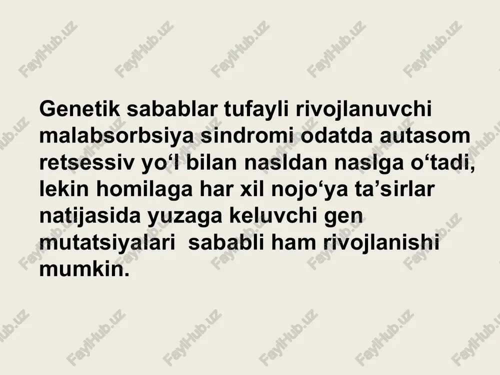 aniqlanadi. keyinchalik bunday o‘zgarishlar jigarda yog‘ infiltratsiyasi va sirrozga olib keladi. klinik manzarasi bu kasallikning 3 xil klinik turi mavjud: mekonial ichak tutilishi – sekretning juda quyuqlashib ketishi natijasida chaqaloqlar ichagida peristaltika qiyinlashib qattiq konsistensiyali najas xosil bo‘ladi. bu tur kasallik 3-5% gacha chaqaloqlarda uchraydi va ularda ichak tutilish klinikasi rivojlanadi. mukovistsidozning bu turi chaqaloqlarning 1-2 chi kunlarida kuzatilib, quyidagicha klinik manzaraga egadir: qorin damlash, qusish, ba’zida o‘t aralash qusish, najas qila olmaslik. mukovissidozning ichak pankreatik turi bolalarning 1-2 xaftaligidan boshlab (ayniqsa qo‘shimcha ovqatlar qo‘shilgach) rivojlanadi va avjiga chiqadi. bunda bemorlar ko‘p miqdorda juda badbuy, ba’zida ko‘pik aralash najas qiladi. uning tarkibi mikroskopik tekshirilganda ko‘p miqdorda neytral yog‘ aniqlanadi. ichaklarda oshqozon osti bezi fermentlari etishmasligi sababli bijg‘ish, achish jarayonlari kuchayib ketadi. bu holat xatto seliakiyani xam eslatadi. bemorlar oriqlashadi, qorin xajm jixatidan kattalashgan, psevdoassit belgilari kuzatiladi. ichaklarda ovqatlik moddalari parchalanishi va so‘rilishining keskin buzilishi gipo-, disproteinemiyaning rivojlanishiga, distrofiya, a, d, …