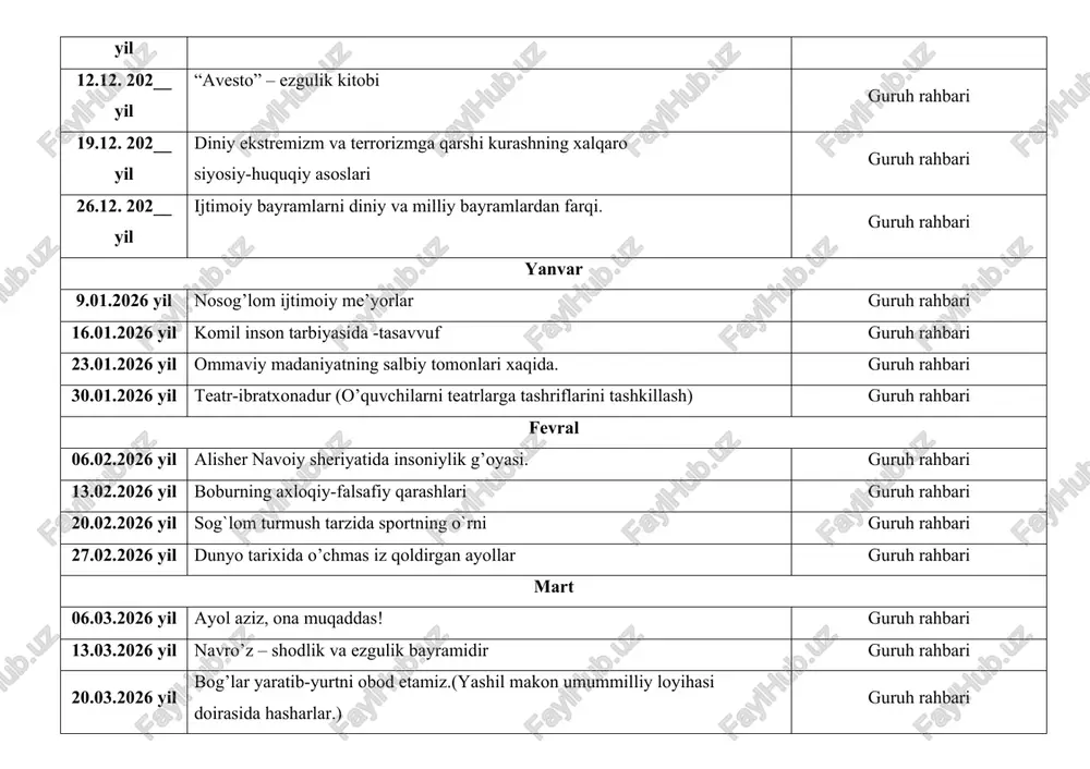 at seminar, slayd) guruh rahbari 1 2 .09. 202 __ yil vatanparvarlik, insonparvarlik va o’z millatiga sadoqat – shaxs ma’naviyati mezonlari guruh rahbari 19 .09.202 __ yil ustozlik ham, shogirdlik ham oliy qadriyat. guruh rahbari 2 6 .09.202 __ yil ichimlik suvidan oqilona foydalanaylik (suv madaniyati) oktyabr 03 .10. 202 __ bolalar mehnati to’g’risida guruh rahbari