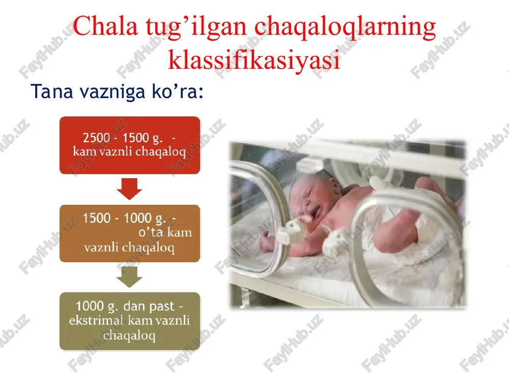 aniqlanishi mumkin. auitikit, og ic dolatcd csc joyaklar yorg’oqga tushmagan fa yorg’oqning o'zi to'q qizil rangda bolladi. kindikning ajralishi qiyin boladi a yara ham 8-9 kun ichida bitadi foto: gettylmages hala tugiilgan bolalarda azolar tizimi jomiladortik vaqtida tovliq shakllanmagan va funksionalihatdan fyetilmagan bo'lganligi sababli, tashgi uhitga mostashuvchanlik ham biyinchilik bilan amalga oshadi. sog'tom} 7 muddatida tugilgan bolalar uchun bavf tug'dirmaydigan kasalliklar, chala lugilganlarda ogir kechishi mumkin, @ ikid.uz 2500 - 1500 g. - kam vaznli chagaloq 1500 - 1000 g. - o’ta kam vaznli chaqaloq 1000 g. dan past - ekstrimal kam vaznli chagaloq