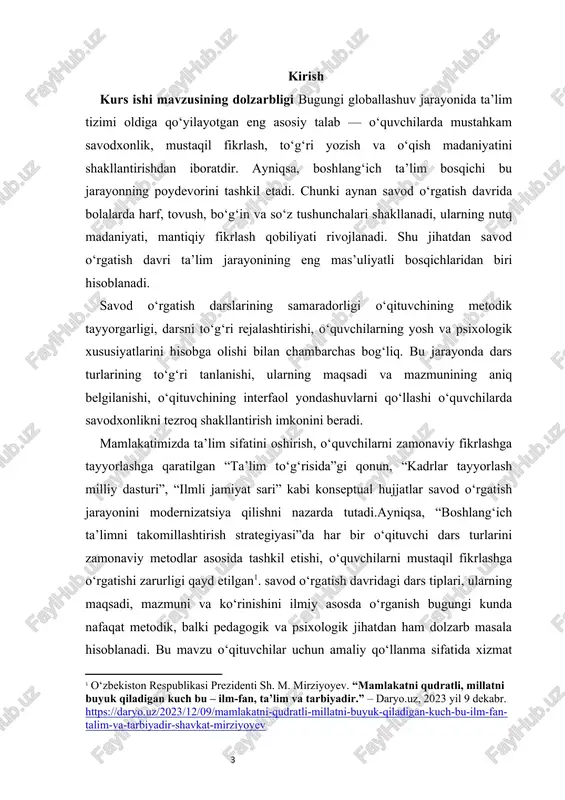 otlarida alifbegacha davrda nutqni rivojlantirish, alifbe davrida tovush-harf munosabatini shakllantirish, alifbedan keyingi bosqichda o‘qish sur’atini oshirish masalalari yoritilgan. rus va xorijiy metodistlar — l.v.zankov, m.r.lvov, v.g.goretskiy, m.s.soloveychik, d.b.elkoninlarning ishlari ham savod o‘rgatish jarayonini takomillashtirishda muhim nazariy asos bo‘lib xizmat qilmoqda. ularning yondashuvlarida bolalarning psixolingvistik rivojlanishiga, dars turlarining izchilligiga, o‘quv materialining osondan qiyinga o‘tish tamoyiliga alohida e’tibor berilgan. shu bilan birga, so‘nggi yillarda savod o‘rgatish metodikasini raqamli ta’lim bilan uyg‘unlashtirish, interfaol o‘yinlar, audio-video resurslar orqali darslarni tashkil etish bo‘yicha yangi tadqiqotlar amalga oshirilmoqda. bu sohada o‘qituvchilarning innovatsion faoliyati, elektron dars ishlanmalari va multimedia vositalaridan foydalanish tajribalari kengaymoqda. ammo shunga qaramay, dars turlarining maqsadi, mazmuni va ko‘rinishini zamonaviy metodik yondashuvlar bilan uyg‘unlashtirish, o‘qituvchi faoliyatini optimallashtirish bo‘yicha hali ham qo‘shimcha ilmiy izlanishlarga ehtiyoj mavjud. shu sababli, mazkur kurs ish mavzusi mavjud ilmiy tadqiqotlarni to‘ldiradi, yangicha pedagogik qarashlarni shakllantirishga xizmat qiladi hamda savod o‘rgatish jarayonini yanada samarali yo‘lga qo‘yish uchun metodik asos yaratadi. kurs …