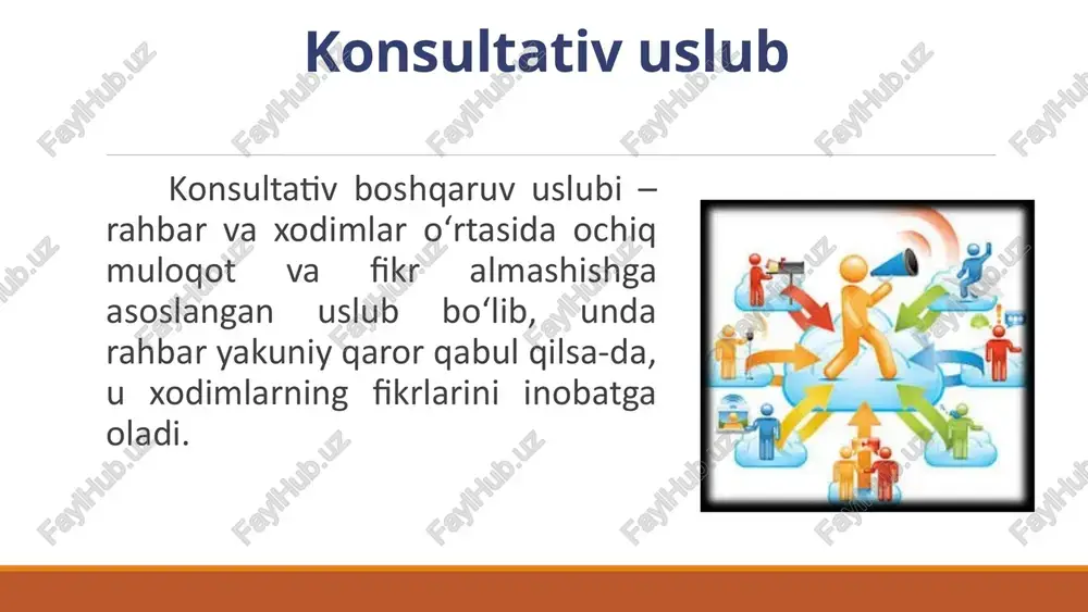 lar o‘rtasida ishonchli aloqa shakllanadi. kamchiliklari: qaror qabul qilish uzoq davom etishi mumkin. rahbarning nazorat qilish qobiliyati pasayishi ehtimoli bor. barcha xodimlar mas’uliyatni o‘z zimmasiga olishga tayyor bo‘lmasligi mumkin. boshqaruv matrisasi boshqaruv matrisasi – bu boshqaruvning turli o‘lchovlari (rahbarlik uslublari, nazorat darajasi, xodimlarning mustaqillik darajasi) o‘rtasidagi bog‘liqlikni ifodalovchi modeldir. boshqaruv matrisasi avtokratik konsultativ partisipativ liberal aralash boshqaruv matrisasi turli xil boshqaruv uslublarining tashkilotlarda qo'llanilish darajasini ko'rsatadi. yuqoridagi diagrammadan ko'rinib turibdiki, konsultativ uslub eng ko'p tarqalgan bo'lib, u 30% ni tashkil etadi. avtokratik uslub 25% bilan ikkinchi o'rinda turadi. partisipativ uslub 20% ni tashkil etib, ayniqsa innovatsion kompaniyalarda keng qo'llaniladi. liberal uslub 15% va aralash uslub 10% ni tashkil etadi. aralash uslub ko'pincha vaziyatga qarab turli xil yondashuvlarni qo'llashni nazarda tutadi. 13 boshqaruv matrisasi boshqaruv uslubi qarorlarni qabul qilish xodimlar ishtiroki nazorat darajasi qo'llash shartlari avtokratik rahbar tomonidan yo'q yoki minimal yuqori krizis vaziyatlari, qisqa muddatli loyihalar konsultativ rahbar tomonidan, maslahatlar …