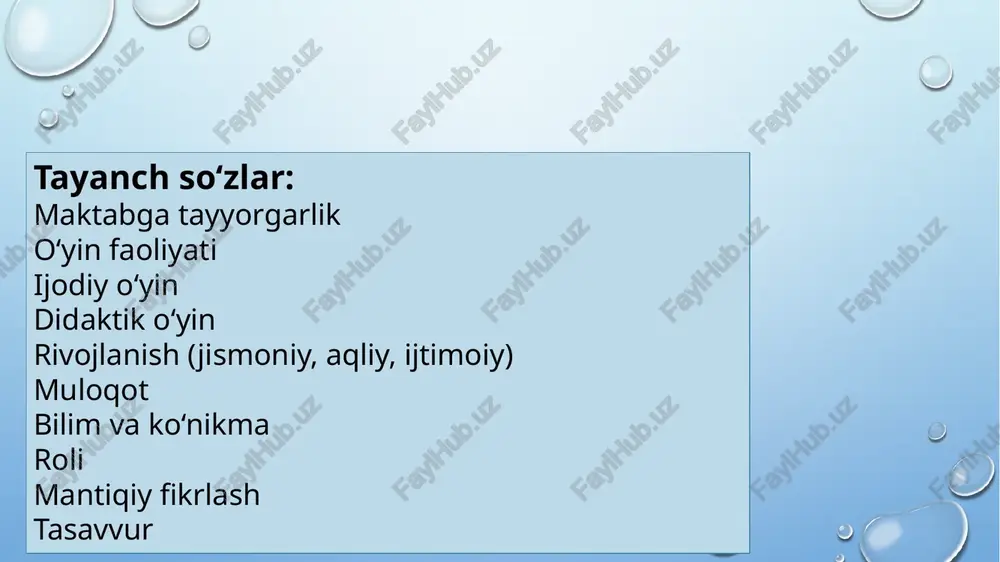 loqot ko‘nikmalarini oshiradi rolli o‘yinlar davomida bola boshqa rollarga kiradi, suhbatlar quradi, voqealar to‘qiydi. bu esa so‘z boyligini kengaytirish, grammatik tuzilmalarni to‘g‘ri ishlatish, fikrini ravon ifodalashga yordam beradi. 3. mustaqillik va o‘ziga ishonchni rivojlantiradi ijodiy o‘yinlar bolaga tanlov erkinligini beradi. bola o‘z qarorlarini mustaqil qabul qiladi, xatolaridan saboq oladi. bu esa maktabdagi mustaqil ishlarga, topshiriqlarni o‘z vaqtida va to‘g‘ri bajarishga tayyorlaydi. 4. ijtimoiy his-tuyg‘ularni shakllantiradi boshqalar bilan birga o‘ynash bolaga do‘stlik, hamkorlik, sabr-toqat, empatiya kabi muhim ijtimoiy ko‘nikmalarni singdiradi. bu esa maktabdagi jamoa bilan ishlash jarayoniga moslashishga yordam beradi. 5. stressni kamaytiradi, maktabga ijobiy munosabat uyg‘otadi ijodiy o‘yinlar bola uchun zavqli va erkin faoliyat bo‘lib, uning ichki dunyosini ifodalashga imkon beradi. bu esa maktabga bo‘lgan qiziqishni oshirib, qo‘rquv va xavotirni kamaytiradi. 2.maktabga tayyorlashda didaktik o‘yinlar alohida o‘rin tutadi. ular bolaning bilim va ko‘nikmalarini mustahkamlash, o‘quv faoliyatiga qiziqishini uyg‘otish va uni maktabga psixologik hamda aqliy jihatdan tayyorlashda muhim vositadir. quyida didaktik …