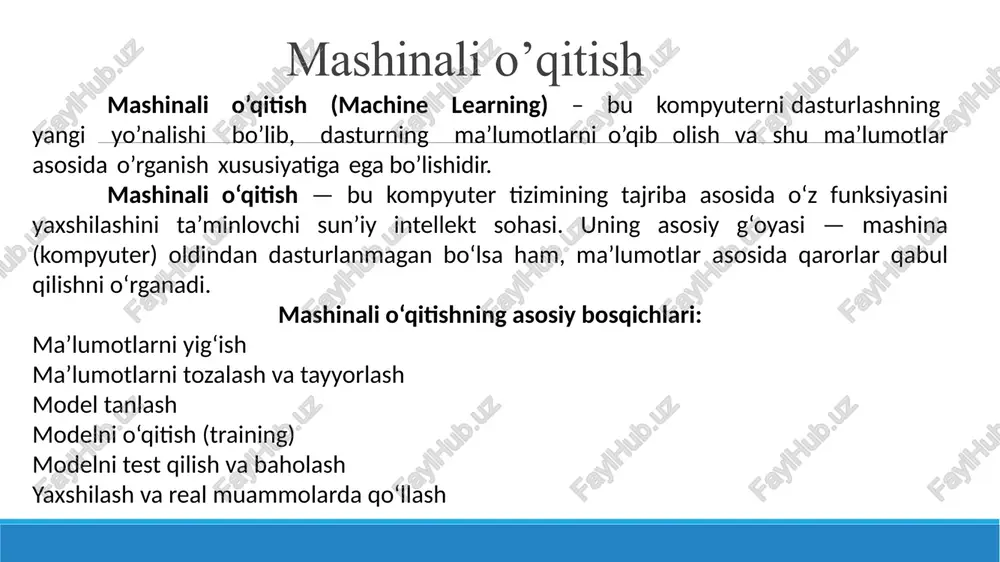 asi (bitta o‘zgaruvchi uchun): y=a⋅x+by = a \cdot x + by=a⋅x+b bu tenglamadagi a — burchak koeffitsiyenti (slope) bo‘lib, x va y o‘rtasidagi bog‘liqlik kuchini bildiradi. b esa — intersept bo‘lib, x = 0 bo‘lgandagi y qiymatini anglatadi. regressiya nima? regressiya bu – ma’lumotlarni intellektual tahlil qilish usullaridan biri bo’lib, obyekt yoki jarayonga tegishli o'zgaruvchilar o'rtasidagi o'zaro bog'liqlikni baholash uchun statistik jarayonlar to'plami hisoblanadi. regression tahlil chiziqli yoki nochiziqli, o’z navbatida logistik regressiya usullari asosida amalga oshiriladi. regression tahlil asosan bashorat qilish va prognoz qilish uchun keng qo'llaniladi va hozirda ushbu usulning ishlatilishi mashinali o’qitish sohasi bilan mos keladi. regressiya va uning turlari regressiya asosida yaratiladigan model ma'lumotlarni berilgan nuqtalardan o'tgan eng yaxshi giper tekislikka (nuqtalar o’rtasidan o’tishiga) moslashtirishga harakat qiladi. regression tahlilda turli xil modellardan foydalanish mumkin, eng sodda model chiziqli regressiya asosida quriladi. regressiyaga misol (chiziqli) avtomobil narxini hisoblash modelini yaratish x: bu avtomobilning kilometraj ko’rsatkichi y: avtomobil …