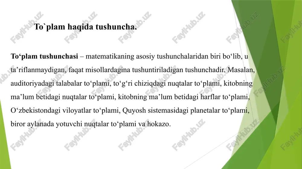 f} va b = {b, d, e, g, h) to'plamlar berilgan. birlashmasini topamiz javob: a va b to'plamlarning kesishmasi (yoki ko'paytmasi) deb, ularning barcha umumiy elementlaridan tuzilgan to'plamga aytiladi. a va b to'plamlarning kesishmasi ko'rinishda belgilanadi: misol. a = {a, b, c, d, e, f} va b = {b, d, e, g, h) to'plamlar berilgan. kesishmasini topamiz. javob: dan iboroat. to`plamlarning ayirmasi. a to’plamdan b to’plamning ayirmasi deb, a to’plamning b to’plamga tegishli bo’lmagan elementlaridan iborat to’plamga aytiladi va a\ b ko`rinishida belgilanadi. misol. a ={1;3;5} va b ={4;5;6} to`plamlar berilgan bo`lsin. u holda ularning ayirmasi a\ b ={1;3} va b\a={4;6} ga teng. to‘plamlarning dekart ko‘paytmasi ta’rif. a to‘plamning elementlarini birinchi, b to‘plamning elementlarini ikkinchi qilib tuzilgan barcha juftliklar to‘plamini a va b to‘plamlarning to‘g‘ri ko‘paytmasi yoki dekart ko‘paytmasi deb ataladi va kabi belgilanadi. dekart ko‘paytmasidagi juftliklar kichik qavslar ichiga yoziladi. masalan: a={2; 3} va b={1; 2; 4} bo‘lsa ={(2; …