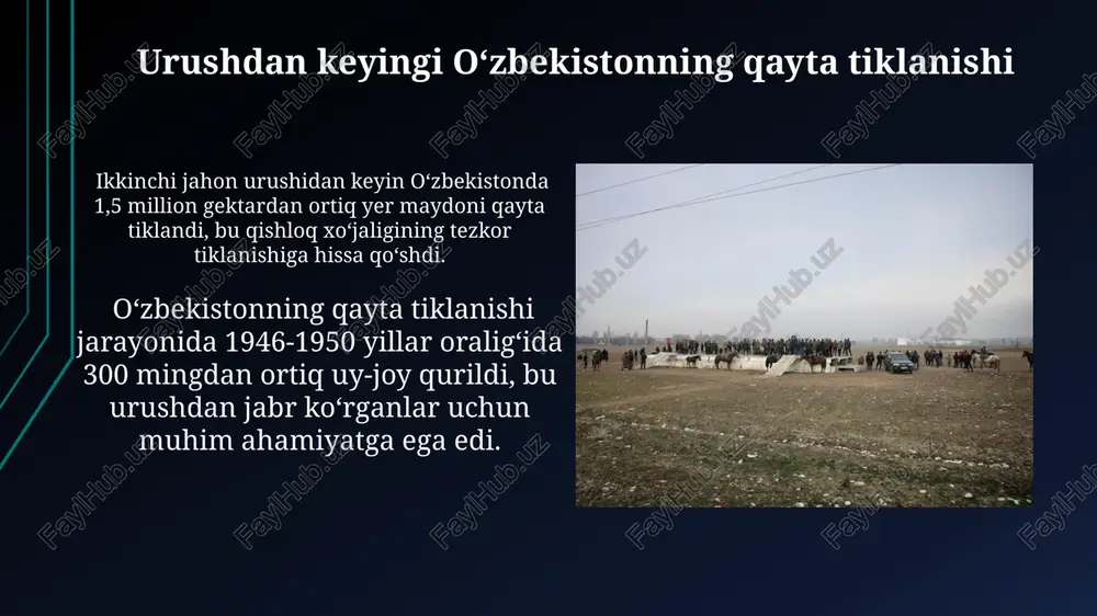 lab chiqarishni yo‘lga qo‘ydi, bu esa sovet armiyasining qudratini mustahkamlashga hissa qo'shdi. ikkinchi jahon urushi davrida o‘zbekistondan frontga 1,5 milliondan ortiq tonna paxta, jun va boshqa strategik ahamiyatga ega xom ashyo yuborildi, bu armiyaning ehtiyojini qondirishda muhim rol o‘ynadi. o‘zbekistonning harbiy sanoatdagi hissasi o‘zbekiston paxta yetishtirish bo‘yicha yetakchi bo‘lib, shu paxtadan armiya uchun millionlab metr mato va boshqa harbiy jihozlar tayyorlangan. respublika hududida joylashgan 50 dan ortiq korxona front uchun harbiy texnika va asbob-uskunalarni ta’mirlash va ishlab chiqarish bilan shug‘ullangan. o‘zbek askarlari va ofitserlarining janglardagi jasorati urush davrida ko‘plab o‘zbek askarlari va ofitserlari sovet ittifoqi qahramoni unvoniga sazovor bo‘lib, o‘z jasoratlari bilan xalq qahramoniga aylanganlar. ikkinchi jahon urushida 1,5 milliondan ortiq o‘zbek askarlari va ofitserlari fashizmga qarshi kurashda ishtirok etib, dushman kuchlariga qarshi jasoratli janglar olib borishgan. o‘zbekistonning urushdagi g‘alabaga qo‘shgan hissasining ahamiyati o‘zbekiston urush davrida armiya uchun 1500 dan ortiq tank, 2000 dan ortiq samolyot va boshqa harbiy texnikalar …