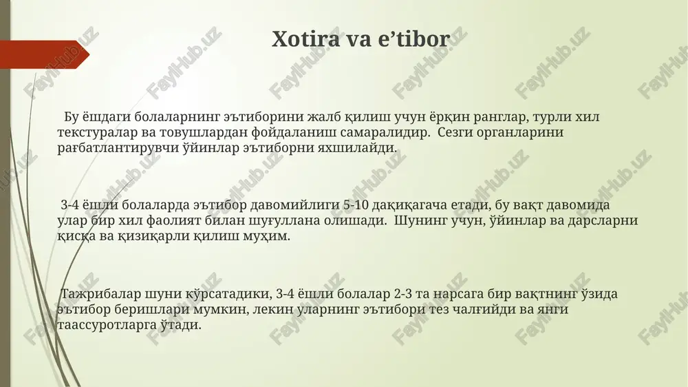 ilishlari mumkin, bu ularning kreativ fikrlash salohiyatini namoyon etadi. tajribalar shuni ko'rsatadiki, 3-4 yoshli bolalarning 70% ga yaqini oddiy geometrik figuralardan foydalanib, oddiy konstruktorlarni yaratish va murakkabroq muammolarni (masalan, minora qurish) echishda muvaffaqiyatga erishadilar. 3-4 yoshli bolalarda muammo echishda 2-3 bosqichli oddiy topshiriqlarni (masalan, 3ta ob'ektdan birini topish) bajarish qobiliyati kuzatiladi, bu ularning mantiqiy fikrlash va tahlil qilish ko'nikmalarining rivojlanishini ko'rsatadi. ijtimoiy-emotsional rivojlanish taxminan 4 yoshda bolalar mustaqil o'ynashni, shuningdek, ko'proq murakkab ijtimoiy rollarni (masalan, "o'qituvchi", "shifokor") o'ynashni xush ko'radilar, bu o'z navbatida ularning ijtimoiy-roloviy rivojlanishini ko'rsatadi. 3-4 yoshli bolalar o'zlarining 2-3 ta tengdoshlari bilan o'ynashda murakkabroq o'yinlarda ishtirok etishlari va o'zaro hamkorlik qilishlari kuzatiladi, bu esa ijtimoiy-emotsional rivojlanishlarining yaqqol ko'rinishidir. bu yoshdagi bolalar o'zlarining hislarini (xususan, g'azab, quvonch kabi) ancha yaxshiroq tasvirlay oladilar va boshqalarning hislariga nisbatan empatiya ko'rsatishga moyil bo'ladilar. ijodiy qobiliyatlar 3-4 yoshli bolada 20-30 ta so'zdan iborat oddiy hikoyalarni o'ziga xos uslubda tuzishi, ranglar va shakllarni …