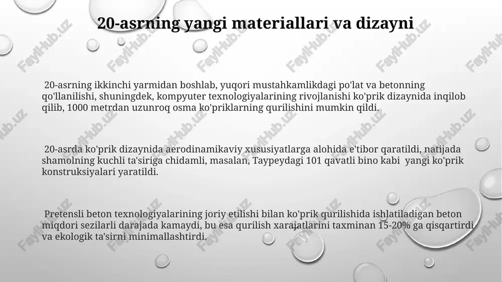 ganlari soni keskin oshdi, bu esa yangi metallurgiya texnologiyalari va mustahkam konstruksiyalar yaratilishini talab qildi. zamonaviy ko'prik qurish texnologiyalari ko'priklarni qurishda yuqori mustahkamlikka ega yangi kompozit materiallar, masalan, karbon tolali polimerlar (cfrp) kabi materiallardan foydalanish 20-30% gacha og'irlikni kamaytiradi va mustahkamlikni oshiradi. zamonaviy ko'prik qurilishi 3d modellashtirish va kompyuter simulyatsiyasi yordamida loyihalashning yuqori aniqlikdagi hisob-kitoblarini o'z ichiga oladi, bu esa xavfsizlik va samaradorlikni sezilarli darajada oshiradi. avtomatlashtirilgan qurilish texnologiyalari, jumladan, robotlar va 3d-bosib chiqarish, ko'prik qurilishini tezlashtiradi va inshootlarning sifati va aniqligini 15-20% ga yaxshilaydi. e'tiboringiz uchun rahmat @taqdimot_robot image1.png image2.png image3.png