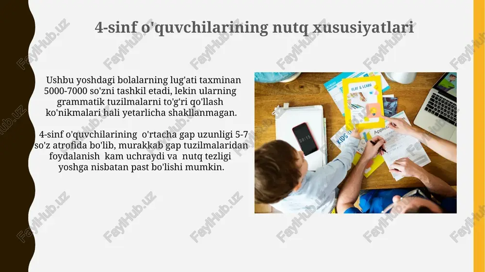 iriladi. nutq o'yinlari nutq o'yinlari, masalan, "gapni davom ettir" o'yini orqali 4-sinf o'quvchilarining 5-7 ta so'zdan iborat sodda gaplarni murakkab, mantiqiy bog'langan gaplarga aylantirish ko'nikmalarini rivojlantirishga yordam beradi. "ertak tuzamiz" o'yini 4-5 kishilik guruhlarda o'tkazilib, har bir ishtirokchi 2-3 ta jumla qo'shib, umumiy 15-20 ta jumladan iborat mantiqiy bog'langan hikoya tuzish orqali so'z boyligini va nutq tuzilishini yaxshilashga xizmat qiladi. intonatsiya va ritm ritmik guruhlarning uzunligi va ular orasidagi pauzalar 4-sinf o‘quvchilarida noaniq bo‘lib, so‘zlarni ta’kidlash va mantiqiy urg‘u qo‘yishda qiyinchiliklarni keltirib chiqaradi. 4-sinf o‘quvchilarining nutqida intonatsiya diapazoni kattalarnikiga nisbatan torroq bo‘lib, o‘rtacha 2-3 tonna darajasini o‘z ichiga oladi, bu esa ekspressivlikni cheklaydi. gaplarning bir-biriga bog'lanishi murakkab gaplarni sodda gaplarga ajratish orqali gaplararo bog'lanishni tahlil qilishda 5 ta asosiy bog'lovchi so'z turkumi (va, lekin, yoki, agar, chunki) uchraydi va ularning chastotasi o'rganiladi. gaplarning bir-biriga bog'lanishida 4-sinf o'quvchilarida 20-30% hollarda qo'shimchalarning noto'g'ri qo'llanishi kuzatiladi, bu esa nutqning tushunarliligini pasaytiradi. so'zlarni birlashtirishdagi …