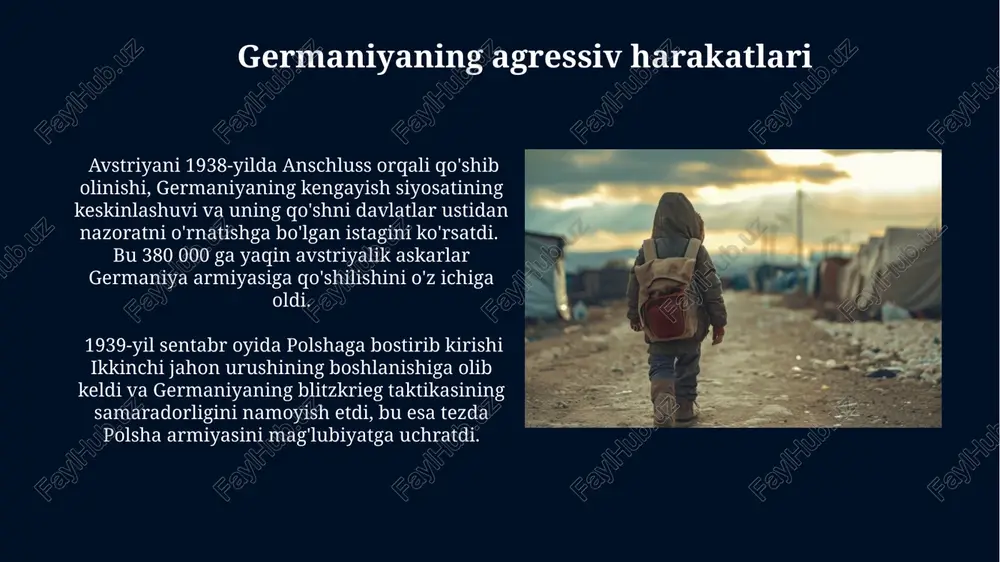 butun yevropada keng koʻlamli urushga sabab boʻldi. fashizm va milliy sotsializm kabi ekstremistik ideologiyalarining tarqalishi, imperiya qurilishiga boʻlgan intilish va demokratik davlatlarning zaifligi ikkinchi jahon urushining boshlanishiga zamin yaratdi. yaponiyaning ekspansionizm siyosati yaponiyaning "buyuk osiyo hamjamiyati" g'oyasi, pan-asiyochilik g'oyasiga asoslangan bo'lib, uning sharqiy va janubi-sharqiy osiyodagi agressiv harakatlariga asos bo'ldi va ko'plab mamlakatlarni urushga tortib kiritdi. yaponiya 1930-yillar davomida manchjuriyani bosib oldi va undan keyin xitoyga keng ko'lamli bosqinchilikni boshladi, bu esa ikkinchi jahon urushining boshlanishiga sezilarli hissa qo'shdi. e'tiboringiz uchun rahmat @taqdimot_robot image5.jpg image6.jpg image7.jpg image8.jpg image9.jpg image10.jpg image11.jpg image12.jpg image13.jpg image1.jpg
