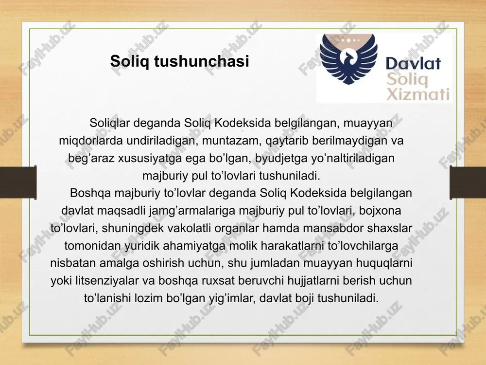 rsatkichlari (foizda) ko’rsatkichlar 2012 yil 2013 yil 2014 yil (reja) davlat maqsadli jamg’armalar daromadlarisiz - jami 100 100 100 to’g’ri soliqlar 25,4 24,2 25,8 egri soliqlar 49,0 51,1 51,8 mol-mulk solig’i va resurs to’lovlari 15,6 14,8 15,0 boshqa daromadlar 10,0 9,9 7,4 8 o’zbekiston respublikasi davlat byudjeti soliqli daromadlari tarkibi 2012 yil 2013 yil 2014 yil (prognoz) mlrd.so’m foiz mlrd.so’m foiz mlrd.so’m foiz 1.to’g’ri soliqlar 5414,2 25,4 6353,7 24,2 7790,4 25,8 1.1. yuridik shaxslardan olinadigan foyda solig’i 1001,1 4,7 1038,8 4,0 1302,3 4,3 1.2. savdo va umumiy ovqatlanish korxonalaridan olinadigan yast-dan davlat byudjetiga ajratma 645,9 3,0 832,6 3,2 989,9 3,3 1.3. yast-dan davlat byudjetiga ajratma 588,2 2,8 755,0 2,9 911,6 3,0 1.4. jismoniy shaxs-dan olinadigan daromad solig’i 2301,8 10,8 2717,3 10,4 3313,9 11,0 1.5. tadbirkorlik faoliyati bilan shug’ullanuvchi yuridik va jismoniy shaxs-n olin-gan qat’iy soliq 317,3 1,5 415,6 1,6 505,0 1,7 1.6. obodonlashtirish va ijtimoiy infratuzilmani rivojlantirish solig’i 559,9 2,6 …