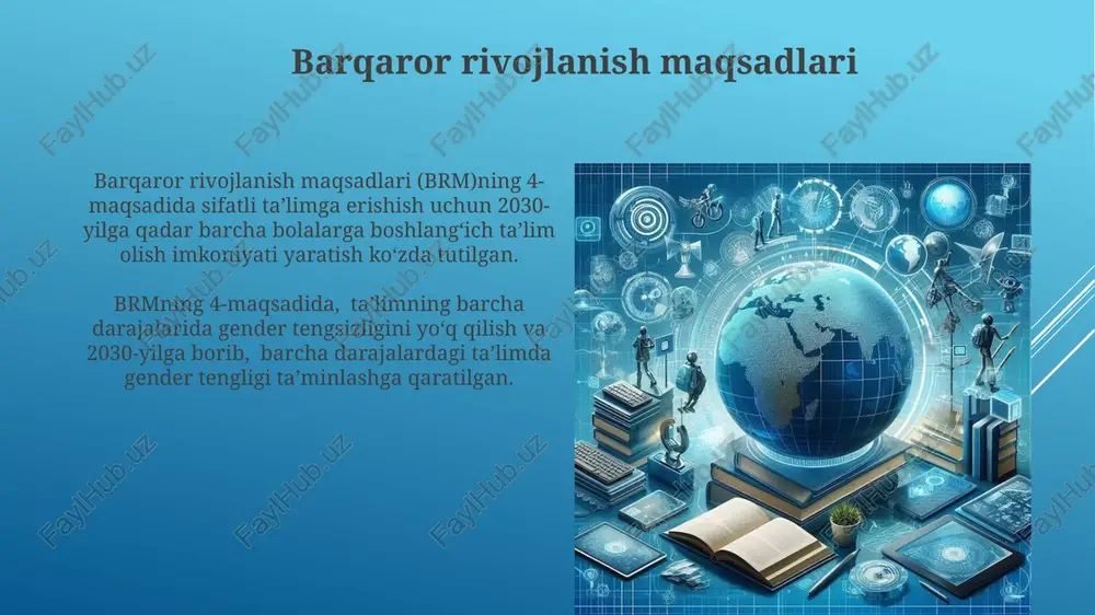 susan, sun'iy intellekt va mashinani oʻrgatish algoritmlarining qoʻllanilishi individual ta’limni yanada samarali va moslashuvchan qilib, 15% ga oʻqish natijalarini yaxshilashga yordam bermoqda. ko'nikmalarga yo'naltirilgan ta'lim ko'nikmalarga yo'naltirilgan ta'lim 21-asrda global miqyosda 70% ga yaqin o'quv dasturlarida asosiy o'rin egallab, bilim olishdan ko'ra amaliy ko'nikmalarni rivojlantirishga urg'u beradi. so'nggi 10 yilda ko'nikmalarga yo'naltirilgan ta'limning rivojlanishi natijasida ishsizlik darajasi 15% ga kamayganligini ko'rsatuvchi statistik ma'lumotlar mavjud. e'tiboringiz uchun rahmat @taqdimot_robot image1.jpg image2.jpg image3.jpg image4.jpg image5.jpg image6.jpg image7.jpg image8.jpg image9.jpg image10.jpg image11.jpg