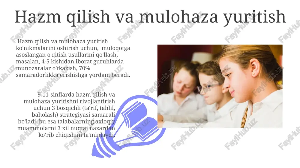 as'uliyat" kabi universal axloqiy qadriyatlarning turli madaniyatlardagi ifodalanishi va ularning 20-30% gacha farq qilishi haqida misollar keltirish foydali. axloqni o'qitishning zamonaviy usullari axloqiy dilemmani hal qilishga asoslangan 5 ta turli stsenariyni tahlil qilish orqali o'quvchilarning tanqidiy fikrlash va muammo yechish ko'nikmalarini rivojlantirish mumkin. 9-11-sinflarda axloqni o'rgatishda o'quvchilarning 70% faol ishtirokini ta'minlash uchun hamkorlikda o'rganish, munozaralar va rollarni o'ynash usullaridan foydalanish samarali. texnologiyalardan foydalanish 9-11-sinflarda axloq darslarida interfaol o'yinlar, masalan, 3d modellashtirish yoki virtual muhitlardagi rollarni o'ynash orqali axloqiy muammolarni hal qilish ko'nikmalarini rivojlantirish mumkin. onlayn platformalardan foydalanib, 100 dan ortiq axloqiy dilemmalar to'plamini taqdim etib, talabalarning muhokamada qatnashish va turli nuqtai nazarlarni tahlil qilish qobiliyatini oshirish mumkin. axloq va qonun munosabatlari 01 02 axloq qoidalari jamiyatdagi 3 ta asosiy qonun doirasidan tashqarida ham mavjud bo'lib, ular shaxslararo munosabatlar va ijtimoiy mas'uliyatni belgilaydi. sales 1st qtr 2nd qtr 100 0 sales 1st qtr 2nd qtr 100 0 amaliy topshiriqlar va rollar …