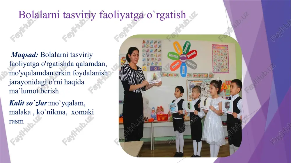 zatishga, asosiy ajratib ko'rishgn predmetning fazoviy xususiyatlarini tahlil qilishga, o'zlari mustaqil ravishda tasviriy vositalarni tanlashga o'rganadilar. biilarning hnmmasi esa maktabda o'qish jarayonida zarurdir. shunday qilib, bolalarning tasviriy faoliyati mashg'ulotlarida maktabda o'qishga tayyorlash axloqiy, estetik tarbiyalab, ulardabadiiy did va ijodiy qobiliy.it larni o'stiradi. xulosa. •xulosa qilib aytganda shuni ta’kidlash lozimki tarbiyachi rivojlanmasa, maktabgacha ta’lim rivojlanmaydi. tarbiyachining rivojlanishi esa, o‘z ustida tinimsiz izlanishi, ta’lim-tarbiyani uyg‘unlashtirgan holda yangiliklar yarata olish, xalq pedagogikasini chuqur bilishi bilan xorij tajribasi yangiliklarini o‘zlashtirib, o‘z faoliyatini boyitib borishi va ularni amaliyotda qo‘llay olishi bilan ahamiyatlidir. maktabgacha ta’lim boshlang‘ich ta’limning poydevori sanaladi. poydevor mustahkam bo‘lsa imorat uzoq yillar qad ko‘tarib turadi. shunday ekan kelajagimiz davomchisi bo‘lgan yosh avlodga har tomonlama komil inson qilib, ta’lim- tarbiya berish bugungi kun pedagogining oldida turgan dolzarb vazifalardan biri ekanligini anglamog‘imiz zarur. e’tiboringiz uchun rahmat image1.jpg image2.jpg image3.jpg image4.jpg image5.jpg image6.jpg /docprops/thumbnail.jpeg