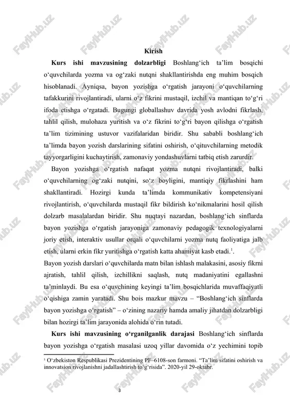 aolligini oshirish, interaktiv metodlar — “aqliy hujum”, “klaster”, “insert”, “fikrlar xaritasi” kabi texnologiyalar asosida ularni mustaqil fikrlashga yo‘naltirish samarali natijalar berayotgani aniqlangan. biroq, amaliy tajriba shuni ko‘rsatadiki, ko‘plab o‘qituvchilar bayon darslarini o‘tkazishda an’anaviy yondashuvlardan to‘liq voz kecha olmagan. shu bois o‘quvchilarning yozma nutqni rivojlantirish darajasi har doim ham kutilgan natijani bermaydi. demak, bu yo‘nalish hali ham o‘z yechimini to‘liq topmagan muammo sifatida qolmoqda. shu sababli mazkur kurs ishi mavjud ilmiy-nazariy yondashuvlarni chuqurlashtirish va amaliyotga tatbiq etish orqali mazkur jarayonni takomillashtirishga xizmat qiladi. kurs ishi mavzusining nazariy va amaliy ahamiyati boshlang‘ich ta’lim jarayonida matematika fanining o‘rni beqiyos bo‘lib, u o‘quvchilarda mantiqiy fikrlash, hisoblash madaniyati va tahliliy yondashuvni shakllantiradi. ayniqsa, vaqt, masofa va tezlikka oid masalalarni yechish orqali o‘quvchilar atrofdagi hayotiy voqealar orasidagi bog‘liqlikni tushunishga, ularni matematik ifoda shaklida ko‘rishga o‘rganadilar. shu bois ushbu mavzuni chuqur o‘rganish boshlang‘ich ta’lim metodikasini takomillashtirishda muhim ahamiyatga ega. mazkur kurs ishining nazariy ahamiyati shundan iboratki, u …