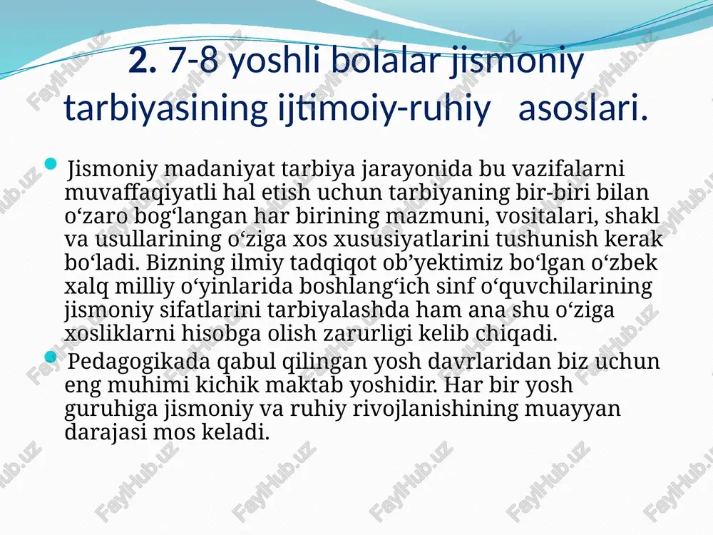 ham xalq milliy o‘yinlarining roli va o‘rni nihoyatda katta ekanligi ko‘rinadi: 1. sog‘liqni mustahkamlash, o‘quvchilarni to‘g‘ri jismoniy rivojlantirishga va chiniqtirishga yordam berish. 2. o‘quvchilarga jismoniy madaniyat va sportga oid maxsus bilimlar berish, ularga gigiyenik bilim va ko‘nikmalarni singdirish. 3. o‘quvchilarda harakat malakalarini va ko‘nikmalarini shakllantirish va takomillashtirish, yangi harakat turlariga va harakat faoliyatiga o‘rgatish. 4. yoshga muvofiq ravishda asosiy harakat sifatlarini (kuch, tezkorlik, epchillik, chidamlilik va boshqalar) rivojlantirish. 5. botirlik, qat’iylik, nizomlilik, jamoaga birlashish, do‘stlik hissini madaniy xulq ko‘nikmalarini, mehnatga munosabatini tarbiyalash. 6. turganda va yurganda qomatni to‘g‘ri tutish ko‘nikmalarini shakllantirish. 7. o‘quvchilarda jismoniy madaniyat va sport bo‘yicha muntazam mashg‘ulotlarga barqaror qiziqish va ko‘nikmalarini tarbiyalash. 8. o‘quvchilarga tashkilotchilik malakalarini singdirish, jamoatchi jismoniy madaniyat faolini tayyorlash. ii bob. pedagogik tadqiqot jarayonida olgan natijalarni tahlil qilish. 1. jismoniy sifatlarni tarbiyalovchi milliy harkatli o‘yinlar tasnifi va ularni o‘rgatish yullari. 7-8 yoshli bolalarga xos o‘yinlarni jismoniy sifatlarini rivojlantirishiga ko‘ra quyidagi guruhlarga ajratish mumkin 1. …