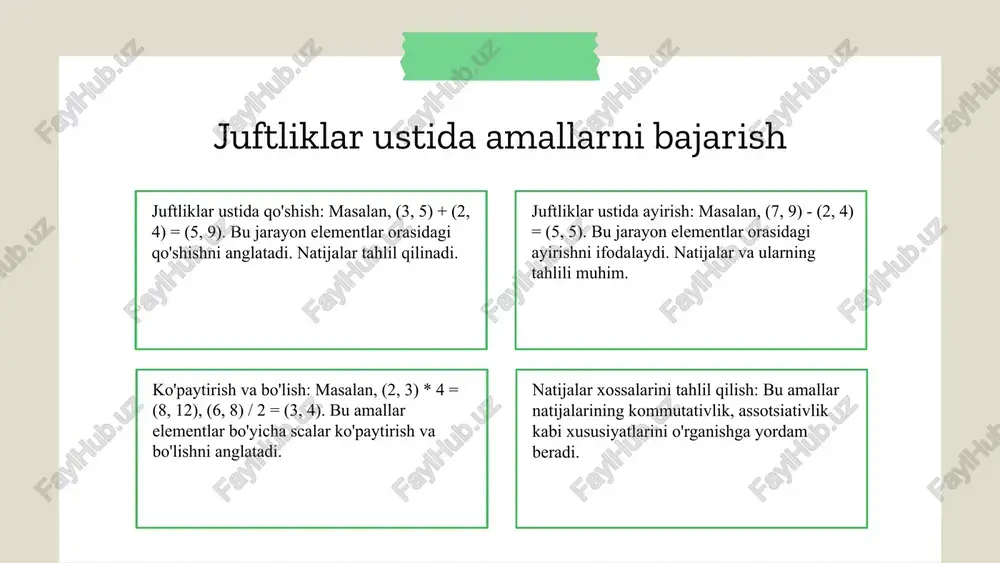 xususiyatlari va o'zaro bog'liqliklarini aniqlash mumkin. tahlil qilish jarayonida qo'llaniladigan amallar: qo'shish, ayirish, ko'paytirish va bo'lish. bu amallar sonlarning xususiyatlarini o'rganishda va muammo yechishda ishlatiladi. e'tibor berilishi kerak bo'lgan jihatlar: sonlarning musbat yoki manfiyligi, butun yoki haqiqiy bo'lishi, va ularning o'zaro bog'liqlari. bu jihatlar tahlil natijalarining to'g'riligini ta'minlaydi. sonlarni tahlil qilish usullari photo by getty images on unsplash 1 2 3 sonlarni muvofiqlashtirish jarayoni sonlarni muvofiqlashtirishda amallarni qo'llash va munosabatlarni aniqlash. muvofiqlashtirishning maqsadi: sonlar orasidagi munosabatlarni aniqlash va tushunishni rivojlantirish. amallarni qo'llash: qo'shish va ayirish yordamida sonlarning muvofiqlashuvi, ularning o'zaro bog'liqligi. ko'paytirish va bo'lish amallari: sonlarni muvofiqlashtirishda qo'llash, muvofiqlashtirish jarayonini kengaytiradi. amallarni birgalikda qo'llash: muvofiqlashtirishda turli amallarni birga ishlatishning afzalliklari, murakkab muammolarni hal qilishda yordam. yakuniy fikr: sonlarni muvofiqlashtirish jarayonida amallarni to'g'ri va aniq qo'llash, matematik tushunchalarni mustahkamlash. amallarni tahlil qilishda qo'llanilishi ehtiyotkorlik va tekshirish amallar bajarishda muhimdir. xatoliklarni oldini olish uchun ehtiyotkorlik bilan ishlash zarur. muvaffaqiyatli strategiyalar ishlab chiqish …