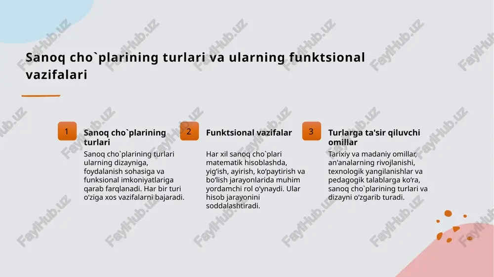 li asosiy sanoq cho`plari turlari matematik jarayonlarda muhim rol o’ynaydi. ular yordamida raqamlar va hisoblashlar aniq va samarali amalga oshiriladi. sanoq cho`plarining funksional imkoniyatlari va amaliy qo`llanilishi 1 innovatsion imkoniyatlar abakus sanoq cho`plari yordamida murakkab matematik amallar, algebra va hisoblash jarayonlarini tez va aniq bajarish imkoniyatiga ega bo`ladi. 2 multifunksional qo`llanma sanoq cho`plari nafaqat qo`llash uchun, balki vizual va taktil o`rganish jarayonini rivojlantiradi, bolalar va yoshlarga matematik tushunchalarni oson o`rgatadi. 3 keng tarqalgan amaliyotlar ular asosan maktablarda, kasb-hunar o`quv markazlarida va yozma hisoblashda qo`llaniladi, shuningdek, iqtisodiy va texnik sohalarda ham foydalaniladi. sanoq cho`plarining turlariga ta'sir qiluvchi tarixiy va madaniy omillar 1 tarixiy ta'sirlar sanoq cho`plarining turlariga ta'sir qiluvchi tarixiy omillar ularning ishlab chiqilishi va rivojlanishiga ta'sir ko‘rsatdi. har bir davrda madaniyatlar o‘ziga xos dizayn va uslublarni yaratgan. 2 madaniy an'analar madaniy qadriyatlar va urf-odatlar sanoq usullariga ta'sir etdi. masalan, o‘zbekiston, xitoy va mesopotamiya madaniyatlarida turli dizayn va foydalanish usullari mavjud. …