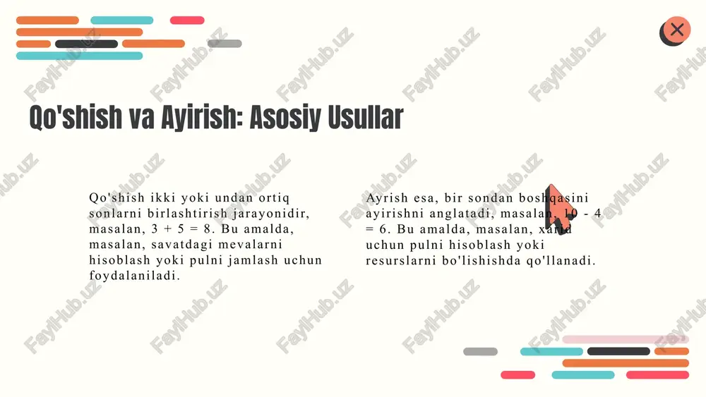 oblar avtomatlashtiriladi, iqtisodiy modellarda tezkor hisob-kitoblar amalga oshiriladi. bu texnologiyalar natijasida vaqt va resurslar tejashga erishiladi. avtomatlashtirish usullari va ularning foydalari kelajakda arifmetik amallarni avtomatlashtirish kelajakda arifmetik amallarni avtomatlashtirish texnologiyalari rivojlanishda davom etmoqda. sun'iy intellekt va mashina o'qitish algoritmlari hisoblash jarayonlarini sezilarli darajada soddalashtirmoqda, bu esa hisoblash tezligini va aniqligini oshiradi. yangi innovatsion texnologiyalar, masalan, kvant hisoblash va bulut hisoblash, katta hajmdagi ma'lumotlarni real vaqt rejimida ishlash imkonini beradi. bu esa, dasturlash va hisoblash jarayonlarining samaradorligini oshiradi. shuningdek, robototexnika va avtomatlashtirilgan tizimlar kelajakda ishlab chiqarish, ta'lim va sog'liqni saqlash sohalarida yangi imkoniyatlar yaratadi. bu texnologiyalar ish unumdorligini oshirish va xavfsizlikni ta'minlashda muhim rol o'ynaydi. foydalanilgan adabiyotlar 1. oʻzbekiston respublikasi milliy kitobxonasi. arifmetik amallarni bajarish bo'yicha innovatsion texnologiyalar. toshkent, 2021. 2. ilkhomova, d. arifmetik hisoblashda zamonaviy texnologiyalarning roli. oʻzbekiston ta'lim muassasalari jurnali, 2022. 3. qodirov, s. va boshqalar. kompyuter texnologiyalari va arifmetik amallar. toshkent: fan va texnologiya nashriyoti, 2020. 4. ubaydullaeva, …