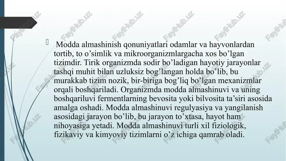 cha oksidlanadi. •bu jarayonda energiya ajraladi! •1 g uglevodlardan – 17 kj •1 g yog’dan– 38 kj •1 g oqsillardan – 17 kj almashinuvning yakuniy bosqichi: •almashinuvning yakuniy mahsulotlari – karbonat angidrid so2, ammiak nh3, suv n2o, siydik qonga tishib, buyraklar va o’pkalar orqali organizmdan chiqarib tashlanadi. yadro axborot oqimi va unda qatnashadi axborotni ko`chirish -yadrodan→ sitoplazmaga -dnkdan → ribosomaga yadro (xromosomalar, dnk, va rnk) translyatsiya apparati -ribosomalar -trnk, rrnk -fermentlar mitoxondriya va xloroplastlar genomi genetik ko`d – irsiy axborotning nukleotidlar ketma-ketligi bo`yicha yozilishi xususiyatlari tripletlik →dnk –kodogen →irnk –kodon → trnk –antikodon →xar bir aminokislotani 1ta triplet kodlashtiradi 1 ma’noli →1 kodon – aminokislotani belgilaydi to`ldirmaslik →1 kodon tripletni ikkinchisiga qo`shiladi ayniganlik → 1 aminokislotaga bir nechta kodon tog’ri kelishi universallik→ genetik ko`d xamma organizmlar uchun oqsil biosentezi 1 etap transkripsiya (dnkdan irnkga axborot ko`chirilishi) – rnk polimeraza ishtirokida kechadi – ferment promotorga birikadi – dnk spirali yoyilib 1 …