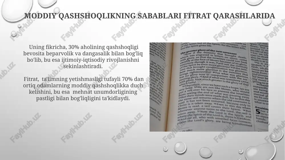 shga qodir emaslar. ma'naviy qashshoqlikdan chiqish yo'llari fitrat nazariyasida ushbu 7 ta kasallikdan xalos bo'lish yo'llarini 12 ta bandda bayon etib, har birining amaliy qo'llanilishini 5ta misol bilan tushuntiradi. fitrat nazariyasida ma'naviy qashshoqlikdan chiqishning asosiy yo'li sifatida 4 bosqichli tafakkur va amaliyot tizimini taklif qiladi: tafakkur, taqlid, taqvo va taqvoda mustahkamlanish. ta'lim va tarbiyaning ahamiyati fitrat qarashlarida fitrat ta'limni insoniyat taraqqiyoti uchun 2 asosiy omil – ma'naviy va moddiy boyliklarni orttirishning muhim vositasi deb hisoblagan. uning nazariyasida kamida 3 bosqichli ta'lim tizimi muhim ahamiyat kasb etadi. u "rahbari najot"da ta'limning 2 xil shaklini – oilaviy va jamoaviy tarbiyani ajratib ko'rsatadi, har ikkalasining ham yosh avlod shakllanishidagi 50% dan ortiq rolini ta'kidlaydi. mehnatsevarlik va halollikning ahamiyati "rahbari najot"da halol mehnat orqali 5 ta asosiy maqsadga erishish mumkinligi bayon etiladi: moddiy farovonlik, jamiyatdagi mavqe, oilaviy baxt, ruhiy xotirjamlik va jamiyatga foyda keltirish. uning fikricha, halollik mehnatning samaradorligini 30% ga oshirishi mumkin, chunki …