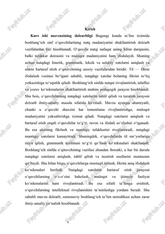 an. shu bilan birga, ularning ishlarida nutqni tahlil qilish, xatolarni aniqlash va ularni bartaraf etish metodikasi ilmiy asosda bayon etilgan. biroq zamonaviy ta’lim jarayonida raqamli vositalar, interfaol mashg‘ulotlar, o‘yin elementlari va kommunikativ metodlar keng qo‘llanilmoqda. shu sababli, o‘quvchilar nutqidagi xatolarni tuzatishning yangi samarali usullarini ishlab chiqish dolzarb ilmiy va amaliy masala hisoblanadi. mavzu shuningdek, o‘quvchilarning nutqini monitoring qilish, diagnostika qilish va individual yondashuvni qo‘llash imkonini beradi. o‘quvchilarning nutqidagi xatolarni aniqlash va ularni bartaraf etish tajribalari metodik tavsiyalar ishlab chiqishda asos bo‘ladi. shu bilan birga, nutqdagi xatolarni to‘g‘rilash usullari o‘quvchilarning intellektual va kommunikativ rivojlanishini ta’minlaydi. shuningdek, bu jarayon o‘qituvchiga darsni interfaol, samarali va o‘quvchiga yo‘naltirilgan shaklda tashkil etishga yordam beradi. nutqdagi xatolarni bartaraf etish, o‘quvchilarni to‘g‘ri talaffuz va yozuv ko‘nikmalariga o‘rgatish uchun zamonaviy texnologiyalar va metodik vositalardan foydalanish muhim ahamiyatga ega. shu nuqtai nazardan, mavzu o‘zining ilmiy va amaliy ahamiyati bilan dolzarb bo‘lib qoladi. kurs ishi mavzusining nazariy va amaliy ahamiyati …