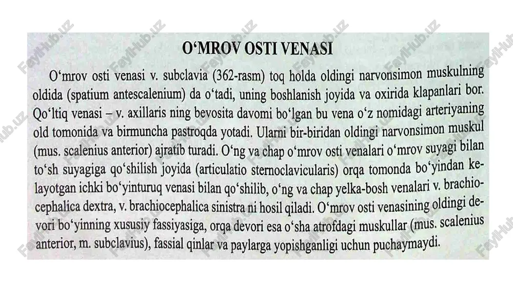 iladi. ignani o‘mrov suyagiga nisbatan 45 burchak ostida va ko‘krak qafasi yuzasiga nisbatan 30–40 burchak bo‘ylab, o‘mrov suyagi hamda 1-qovurg‘a ustki qismi oralig‘i bo‘ylab o‘mrov-to‘sh birikmasining yuqorigi qismiga qarab yo‘naltiriladi. ignani venaga qarab yo‘naltirish bilan birgalikda shprits porshenini doimo orqaga tortib venaga tushganligini aniqlab turiladi. ayrim paytlarda igna venaga tushishi bo‘shliqqa tushganday seziladi. ignani venaga tushgani shpritsda qon paydo bo‘lganidan ma’lum bo‘ladi va ignadan ajratib olinadi, xuddi shu vaqtda havo emboliyasi profilaktikasi uchun bemorga nafas olmaslik buyuriladi va igna kanyulyasibarmoq bilan berkitiladi, sun’iy nafas olish vaqtida apparatning nafas konturida bosim oshiriladi. seldinger usuli bilan punksiya qilinganda vena ichiga igna orqali 15–20 sm uzunlikdagi o‘tkazgich yuboriladi va igna orqaga tortib olinadi. o‘tkazgich bo‘ylab kateter yo‘naltiriladi va vena ichida 6-8 sm. qoldirilib, o‘tkazgich tortib olinadi. o‘tkazgich bilan kateterni birga tortib olmaslik uchun punksiya qilingan joy bintli to‘piqcha yordamida bosib turiladi. kateter venaga yengil kirishi uchun uni burab o‘tkazgich bo‘ylab yengil kiritiladi. kateterning …