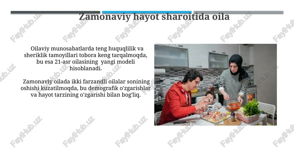 lodga itoatkorlikni o'z ichiga oladi. an'anaviy oilaviy qadriyatlar doirasida, mehnatsevarlik, kamtarlik va halollik kabi fazilatlarni o'zlashtirish farzand tarbiyasining muhim tarkibiy qismi hisoblanadi. nikoh va oila qurish marosimlari fitratning "oila asari"da nikohdan oldin qizning 15-20 yosh oralig'ida turmushga chiqishi, kelin salomlashuv marosimining 3 kundan ortiq davom etishi va qizning mehrini kelishish odati tasvirlangan. nikoh shartnomasi va mehr miqdori, er-xotinning huquq va majburiyatlari, meros taqsimotining "oila asari"da qonun va an'analarga asoslangan aniq tavsifi mavjud. oilaning tuzilishi va a'zolari oila a'zolari orasidagi munosabatlar hurmat va itoatga asoslangan bo'lib, katta avlodga hurmat ko'rsatish, kichiklar esa katta avlodning maslahatlariga quloq solishi kabi qadriyatlar muhim o'rin tutadi. oila, asosan, ota-ona va farzandlardan iborat bo'lib, ba'zi hollarda 3 avlod – bobo, ota-ona va nevaralarni o'z ichiga oladi, bu esa katta oilaning shakllanishiga olib keladi. e'tiboringiz uchun rahmat @taqdimot_robot image1.jpg image2.jpg image3.jpg image4.jpg image5.jpg image6.jpg image7.jpg image8.jpg image9.jpg image10.jpg image11.jpg image12.jpg em , unsplash+