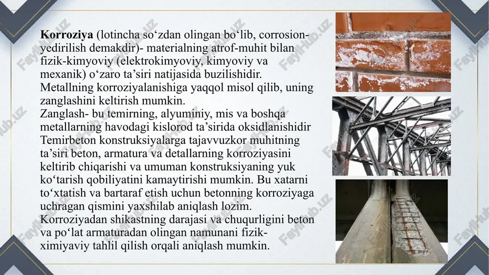 ydigan sharoit uchun maxsus kislotabardosh sementlar qo‘llaniladi. 2-tur korroziya jarayoni quyidagicha rivojlanadi. sement toshining asosiy oksidi bo‘lib, kalsiy oksidi hisoblanadi. kalsiy gidroksidlari bilan kislotalarning o‘zaro ta'siri natijasida beton yemiriladi. iii tur korroziya. 3-tur korroziya yoki betonning kristalli yemirilishi, beton tarkibidagi mayda g‘ovaklarda tuz kristallarining yig‘ilib qolishi natijasida sodir bo‘ladi. tuzlarning bunday yig‘ilib qolishi 2 ta sababga ko‘ra amalga oshadi: - sement toshi tarkibining agressiv muhit bilan o‘zaro ta’sirida kimyoviy reaksiyalar natijasida; - tashqaridan suv (namlik) bilan birgalikda tuzlarning beton tarkibiga yig‘ilishi va suvning parlanishi natijasida tuzlarning qolib ketishi, masalan, quruq issiq iqlimli sharoitlarda tuproqda sho‘rlanish darajasi katta bo‘lgan joylarda bu ko‘proq uchraydi. dastlabki bosqichda tuz kristallarining to‘planishi betonni mustahkamlab boradi. lekin, ma’lum vaqt o‘tgandan so‘ng kristallashuv shunday darajaga yetadiki, bunda g‘ovaklik va kapilyarlar devorlaridagi cho‘zuvchi kuch buzuvchi kuchga aylanadi va beton tarkibi buzila boshlanadi, natijada mustahkamligi kamayadi betonning bunday kristalli yemirilishi agressiv muhitda joylashgan g‘ovakli betonlarda juda tez, bir hafta …
