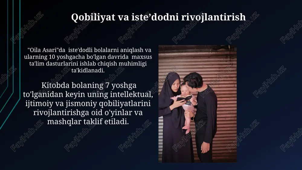 muhabbat juda muhim. nikoh va oila qurish anʼanalari nikohdan oldin qizning qobiliyatlari va fazilatlari, ayniqsa, uy ishlarini yaxshi bilishi, hunarmandchilikka ega bo'lishi kabi mezonlarga katta e'tibor berilgan, bu nikohning muvaffaqiyati uchun muhim deb hisoblangan. qo'shma oilalar, ya'ni bir necha avlodning bir uyinga yashashi, "oila asari"da tasvirlangan oilaviy tuzilmaning muhim elementi bo'lib, oila a'zolarining 3-4 avlodini o'z ichiga olgan. ijtimoiy hayotga tayyorlash kitobda, ijtimoiy moslashuvchanlikni rivojlantirish uchun, kamida 3 ta muhim usul – oilaviy an'analar, jamoaviy ishlar va kattalar bilan muloqot tavsiya etiladi. “oila asari”da ijtimoiy hayotga tayyorgarlik jarayoni, bolaning 10-12 yoshida mustaqil ijtimoiy rolini o'zlashtirishini ko'zda tutib, bosqichma-bosqich amalga oshirilishini ta'kidlaydi. ota-ona masʼuliyati va vazifalari ota-onalarning asosiy vazifalaridan biri farzandlariga 3 yoshgacha ona suti bilan to'liq ta'minlash hisoblanadi, bu esa sog'lom jismoniy va ruhiy rivojlanish uchun muhim ahamiyatga ega. fitratning "oila asari"da ota-onalarning farzandlarining diniy va axloqiy tarbiyasi, jumladan, 7 yoshdan boshlab namoz o'qishga o'rgatish kabi mas'uliyatlari alohida ta'kidlanadi. qiz …