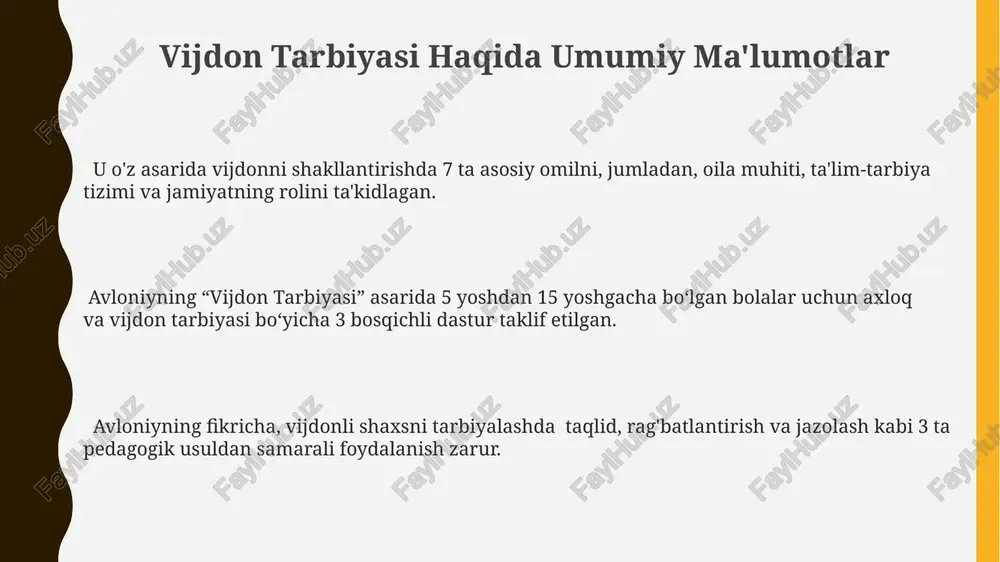 chambarchas bog'lab, ularning shaxs shakllanishidagi ahamiyatini 10 dan ortiq misollar bilan ta'kidlaydi. "turkiston" va "tarbiya" asarlaridagi g'oyalar avloniy "turkiston"da 19-asr oxiri – 20-asr boshlari turkistonining ijtimoiy-siyosiy ahvolini tahlil qilib, milliy ong va axloqiy tarbiyaning ahamiyatini 5ta asosiy tamoyil orqali bayon etadi. ikki asarda ham avloniy zamonaviy ta'lim tizimini an'anaviy pedagogik uslublar bilan uyg'unlashtirish zarurligini ta'kidlab, ta'limda 2 bosqichli yondashuvni taklif qiladi. "tarbiya" asarida avloniy bolalarni vatanparvarlik, insonparvarlik va milliy g'urur kabi 3ta muhim fazilatlarga ega qilishga qaratilgan tarbiya tizimini taklif qiladi. zamonaviy dunyoda avloniy g'oyalarining ahamiyati avloniyning "tarbiya" asarida keltirilgan 5 ta asosiy fazilat – vatanparvarlik, mehr-oqibat, bilimsevish, adolatlilik va mehnatsevarlik – zamonaviy dunyoda ham shaxsning kamol topishi uchun muhim ahamiyatga ega. zamonaviy ta'lim tizimida avloniyning bolalarni mustaqil fikrlashga, tanqidiy yondashishga o'rgatish bo'yicha 3 bosqichli pedagogik yondashuvi innovatsion uslublar bilan uyg'unlashtirilishi mumkin. avloniyning milliy ong va ma'naviyatni mustahkamlashga qaratilgan pedagogik g'oyalari xxi asrda globalizatsiya sharoitida o'z ahamiyatini yo'qotmaydi va 21-asrda …