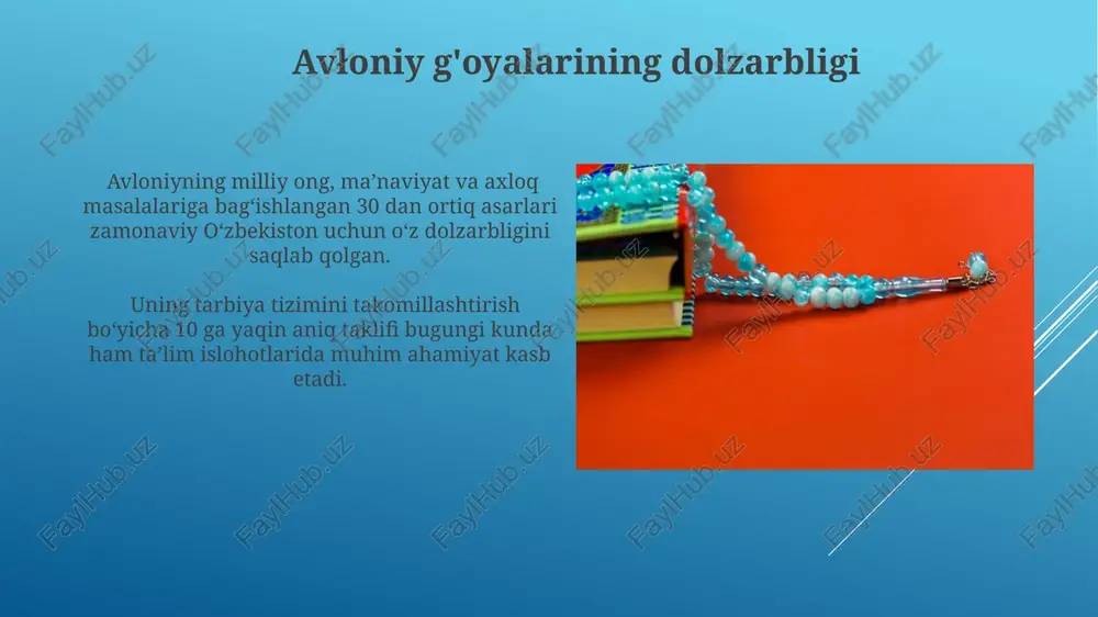 lalarning faol o'rganishini ta'minlaydi. kitobda milliy qadriyatlar, 7 ta fazilat (masalan, halollik, mehr-oqibat)ni o'rgatishga alohida e'tibor qaratiladi, bu esa yosh avlodning axloqiy-ma'naviy kamol topishiga xizmat qiladi. insonparvarlik va mehr-oqibat kitobda mehr-oqibatning ijtimoiy ahamiyati, 10 dan ortiq misol orqali jamiyatning barqarorligi va farovonligiga ta'siri chuqur tahlil qilinadi. avloniy, "insonparvarlik va mehr-oqibat"da shaxsning 7 yoshdan 15 yoshgacha bo'lgan davridagi axloqiy tarbiyasiga alohida e'tibor qaratib, ushbu davrning ahamiyatini ta'kidlaydi. millat va diniy qadriyatlar kitobda 12 ga yaqin diniy marosimlar va urf-odatlarning mazmun-mohiyati chuqur tahlil qilinib, ularning ijtimoiy ahamiyati yoritiladi, zamonaviy talqinlari beriladi. "millat va diniy qadriyatlar"da diniy ta'limning milliy ong va madaniyatni shakllantirishdagi roli, uning 3 bosqichga bo'linishi – bolalik, yoshlik va kattalik davrlari batafsil bayon etiladi. e'tiboringiz uchun rahmat @taqdimot_robot image1.jpg image2.jpg image3.jpg image4.jpg image5.jpg image6.jpg image7.jpg image8.jpg image9.jpg image10.jpg image11.jpg image12.jpg